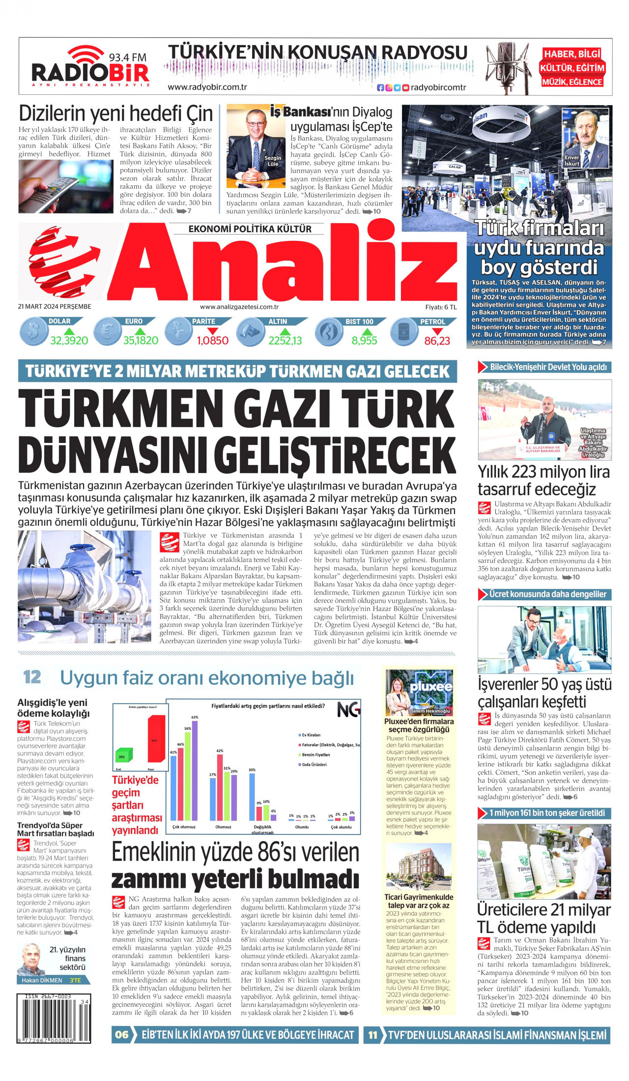 ANALİZ gazetesinin 21 Mart 2024 tarihli birinci sayfası