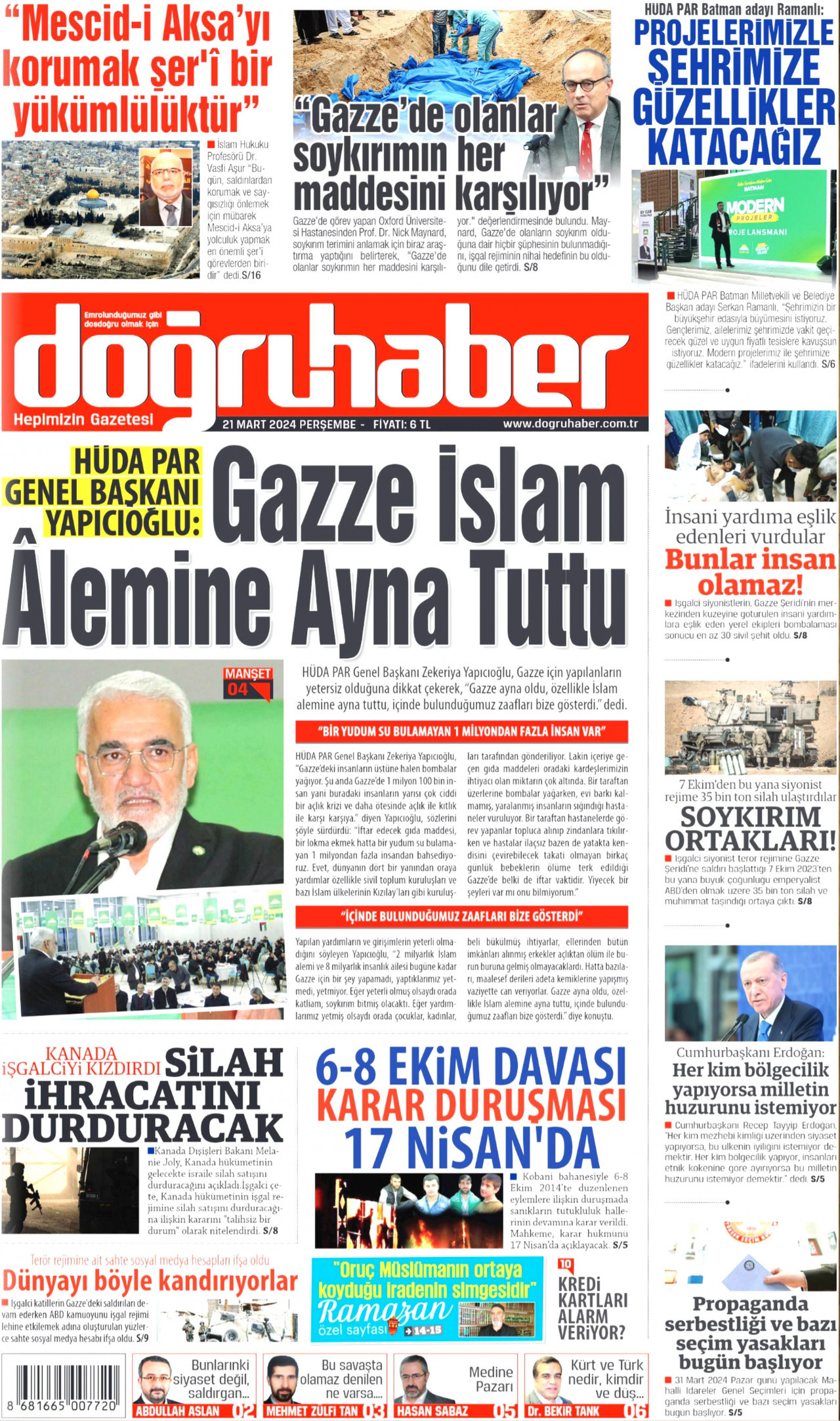 DOĞRU HABER gazetesinin 21 Mart 2024 tarihli birinci sayfası