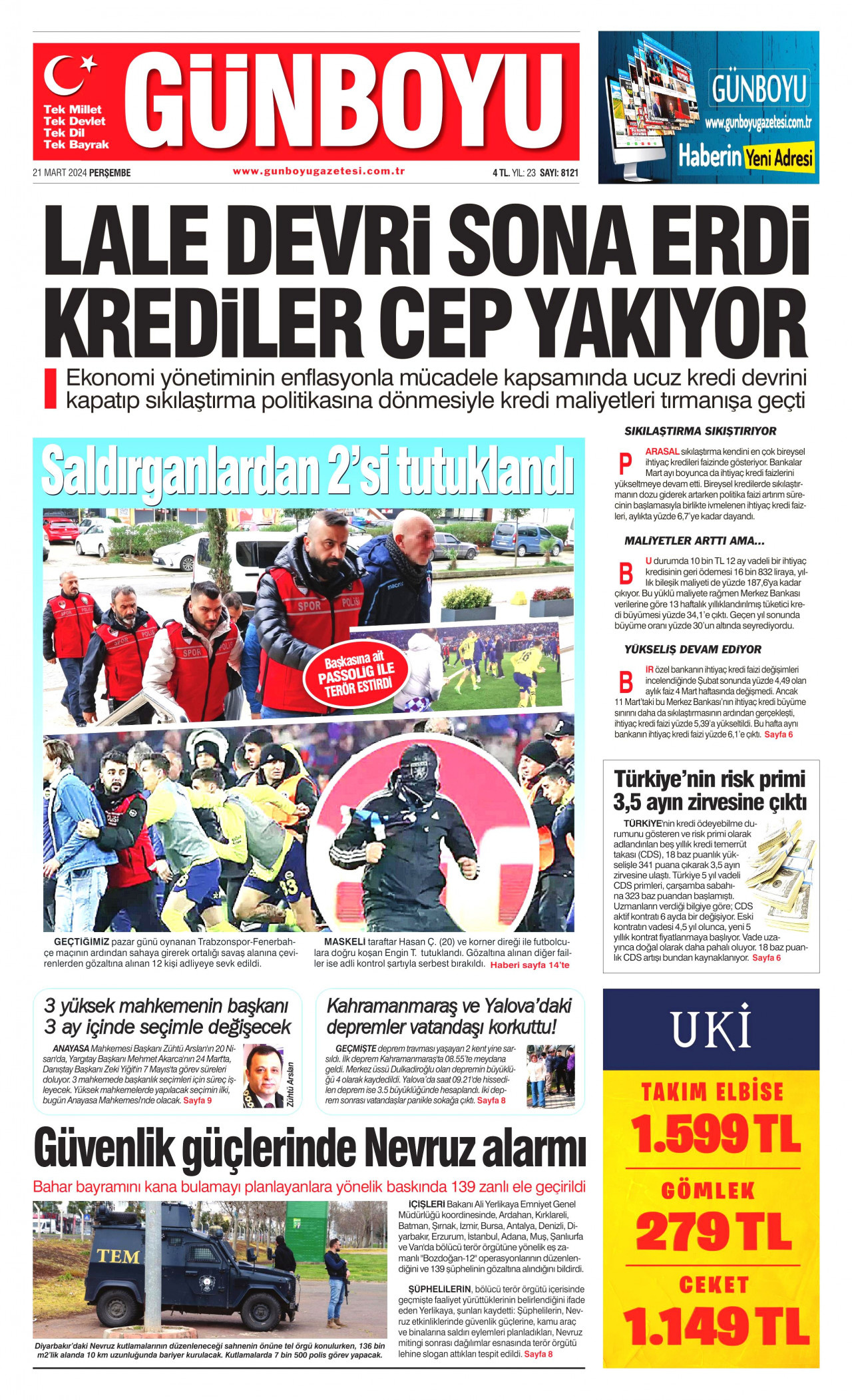 GÜNBOYU gazetesinin 21 Mart 2024 tarihli birinci sayfası