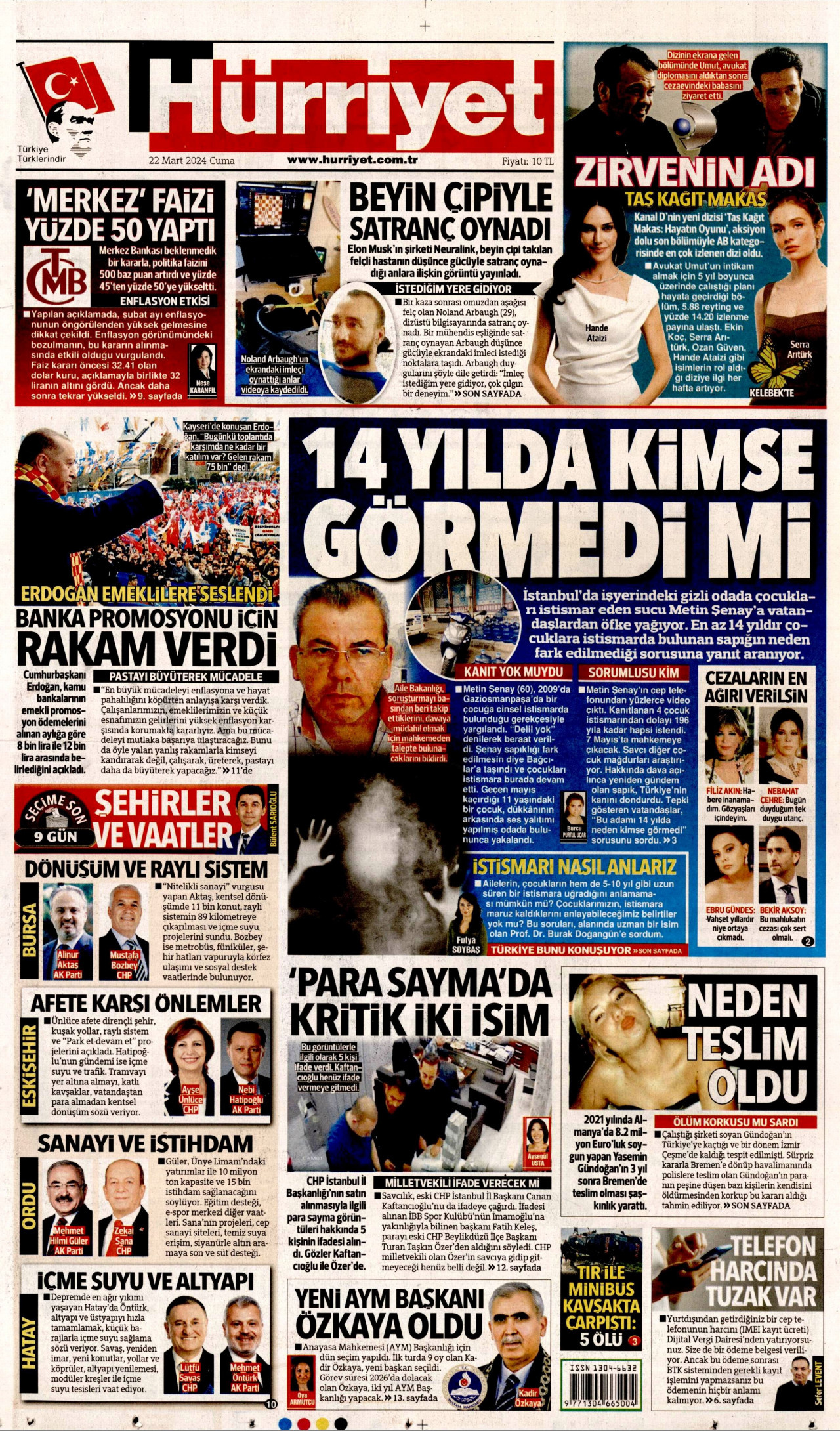 HÜRRİYET gazetesinin 22 Mart 2024 tarihli birinci sayfası