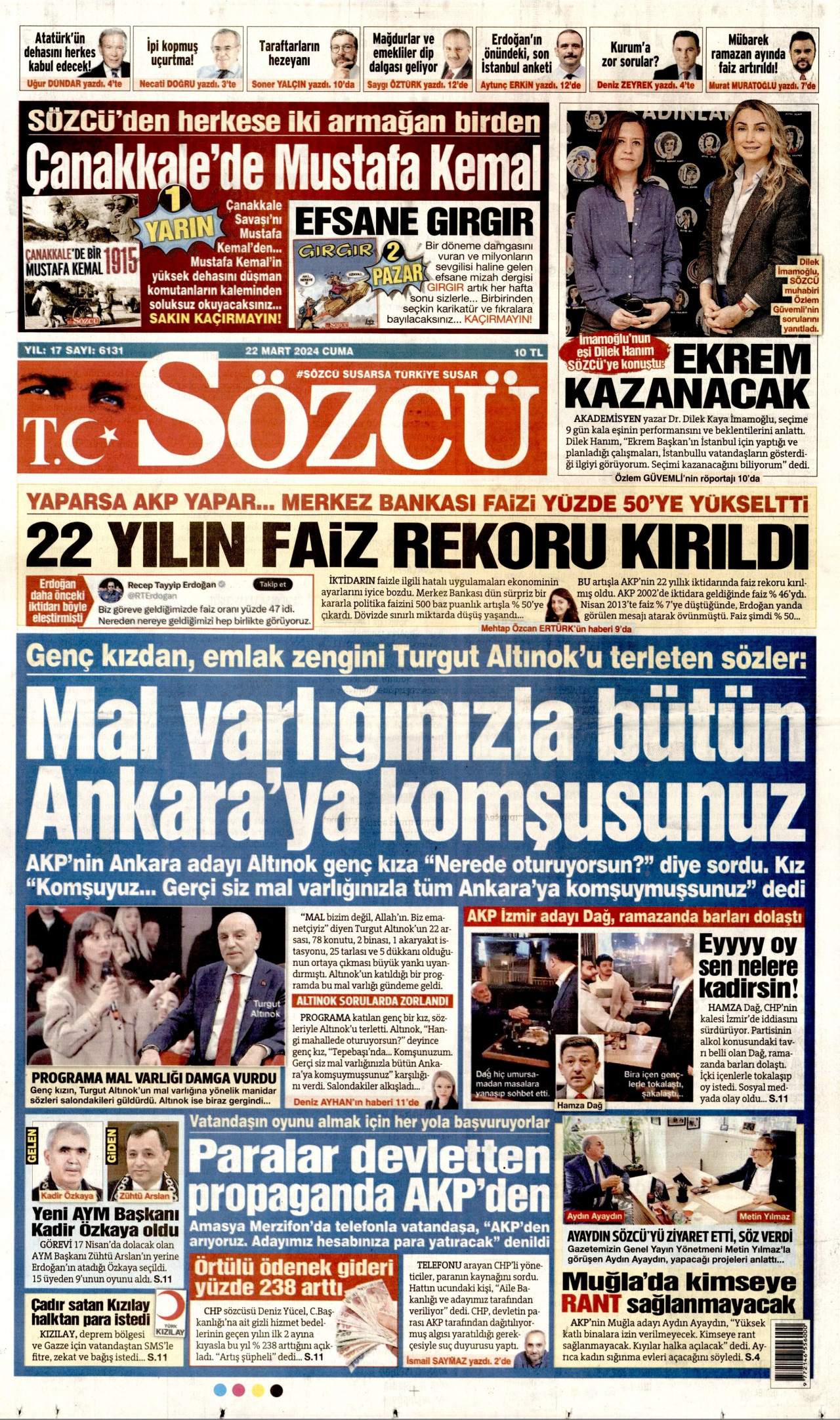 SÖZCÜ gazetesinin 22 Mart 2024 tarihli birinci sayfası