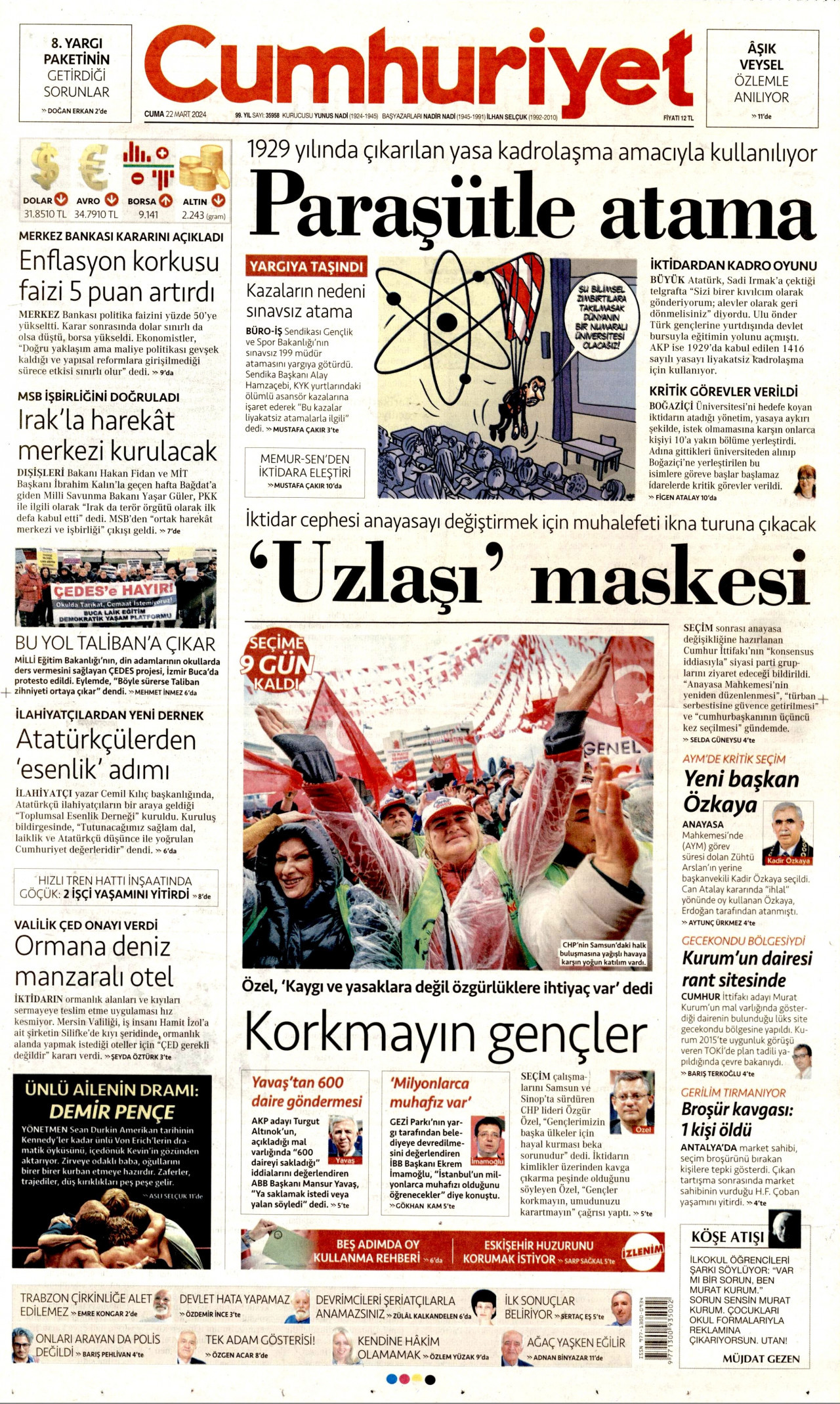 CUMHURİYET gazetesinin 22 Mart 2024 tarihli birinci sayfası
