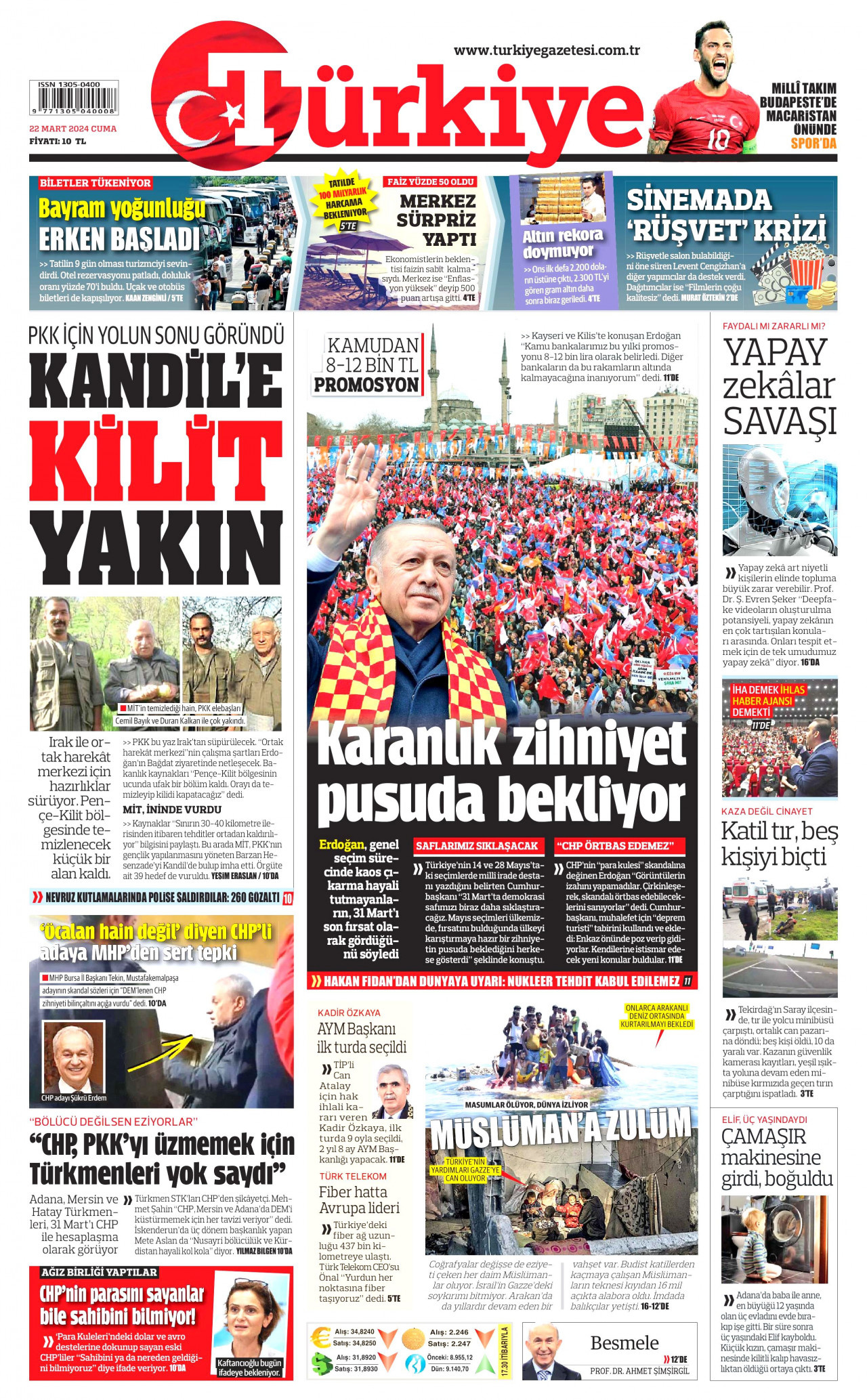 TÜRKİYE GAZETESİ gazetesinin 22 Mart 2024 tarihli birinci sayfası