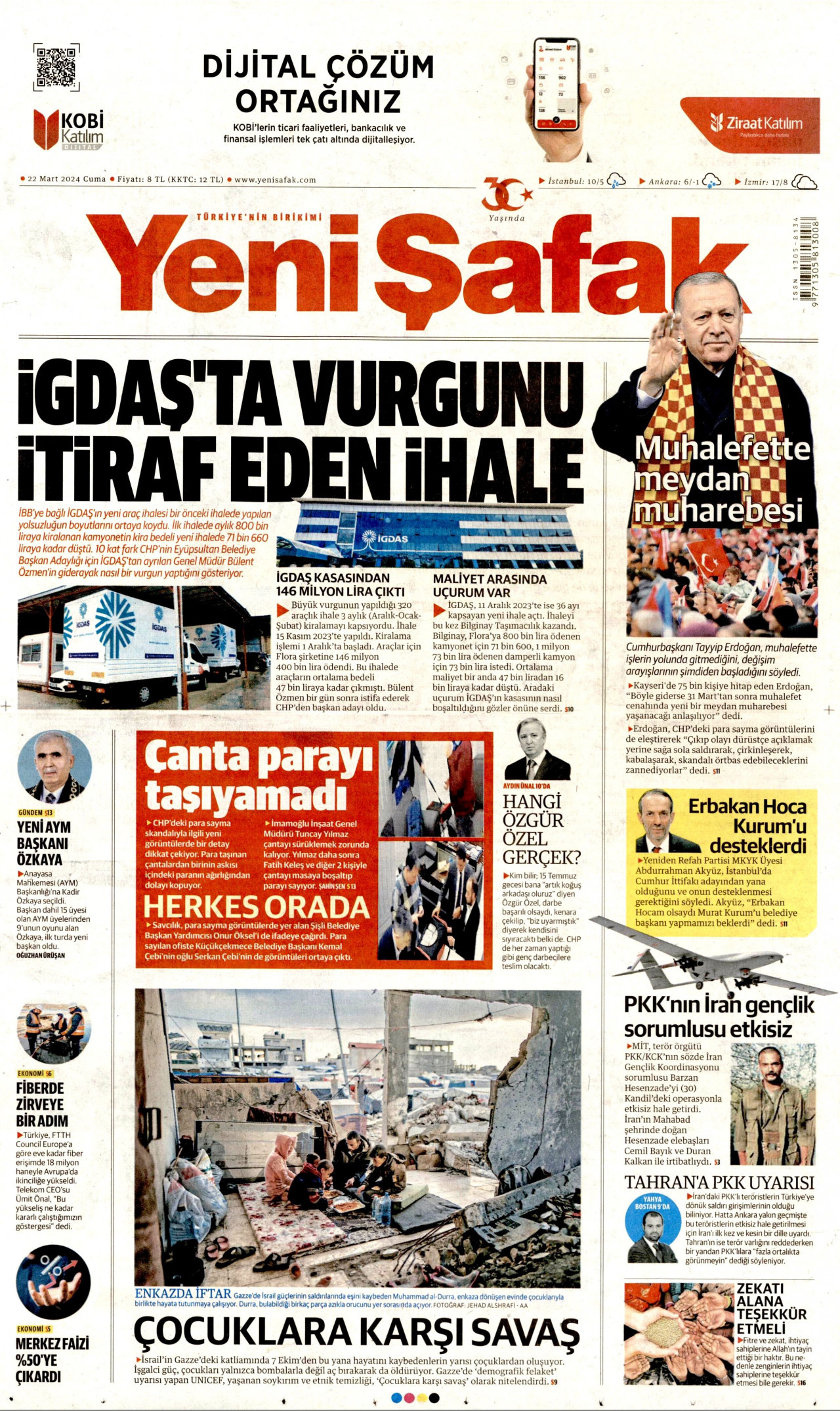 YENİ ŞAFAK gazetesinin 22 Mart 2024 tarihli birinci sayfası