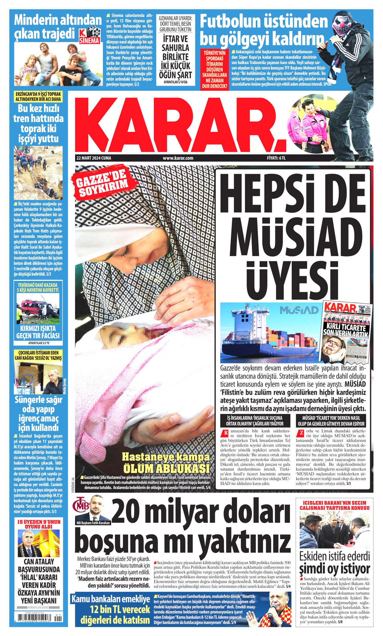 KARAR gazetesinin 22 Mart 2024 tarihli birinci sayfası