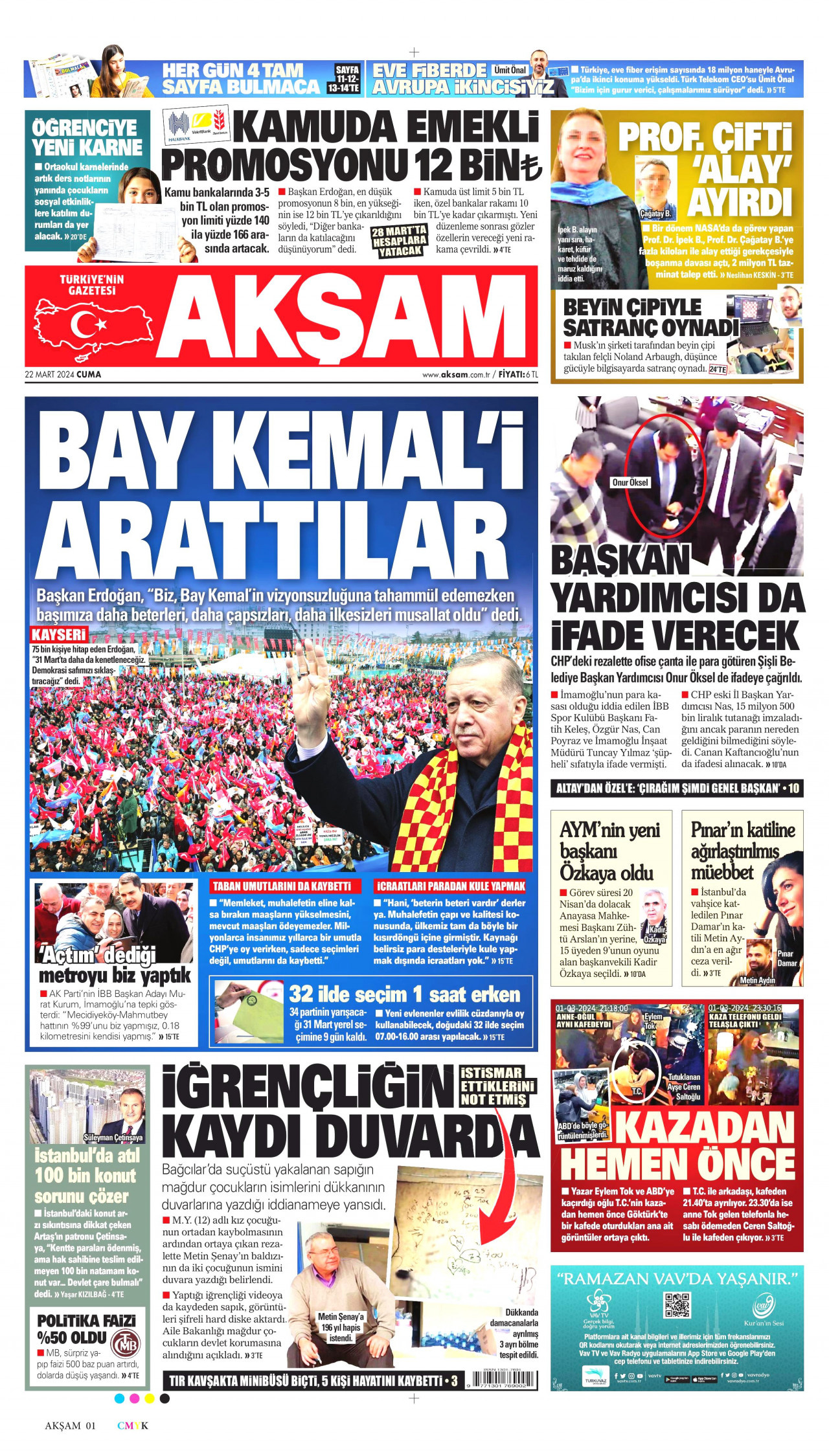 AKŞAM gazetesinin 22 Mart 2024 tarihli birinci sayfası