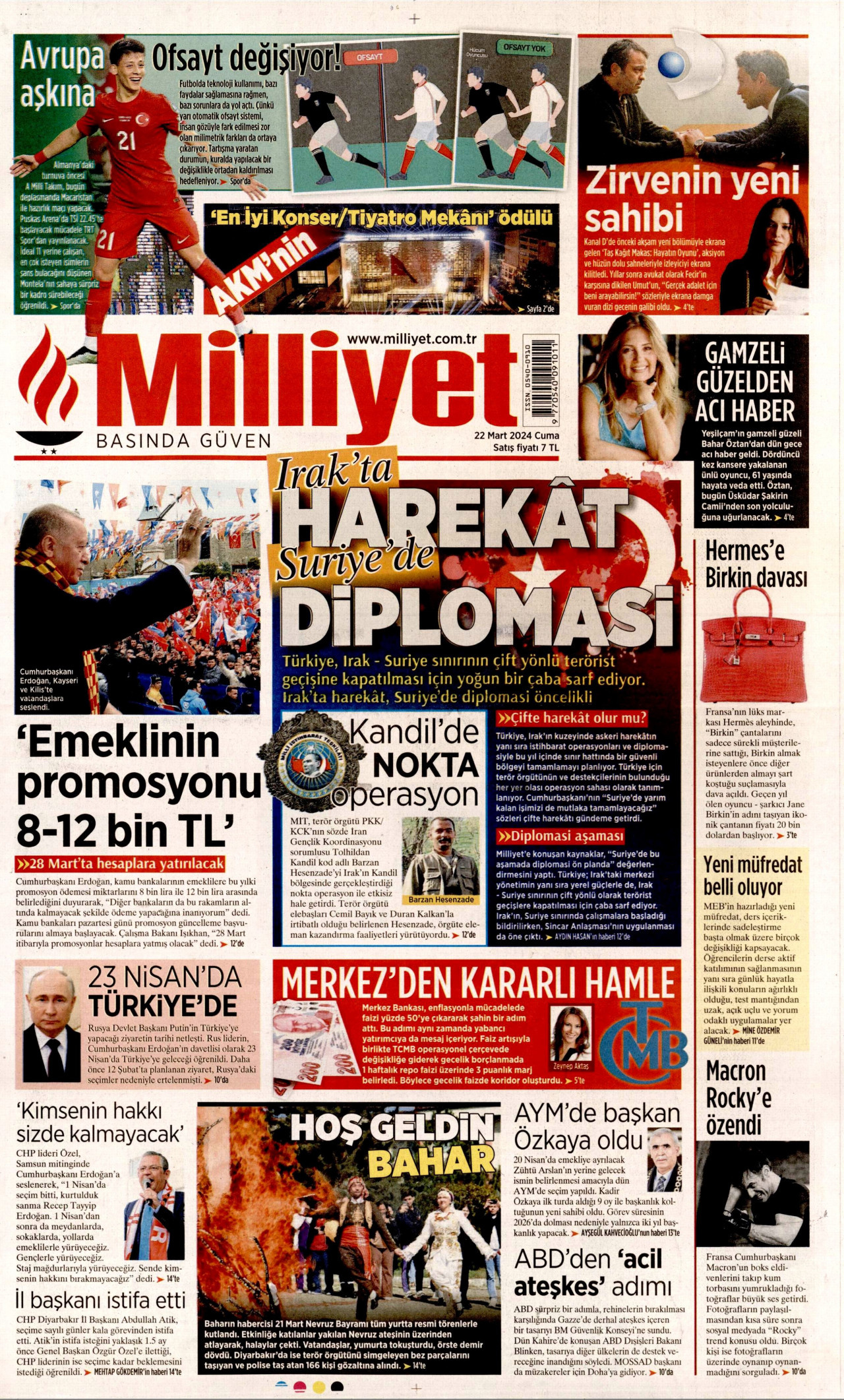 MİLLİYET gazetesinin 22 Mart 2024 tarihli birinci sayfası