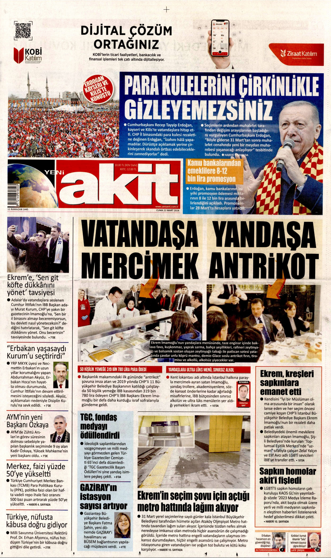 YENİ AKİT gazetesinin 22 Mart 2024 tarihli birinci sayfası
