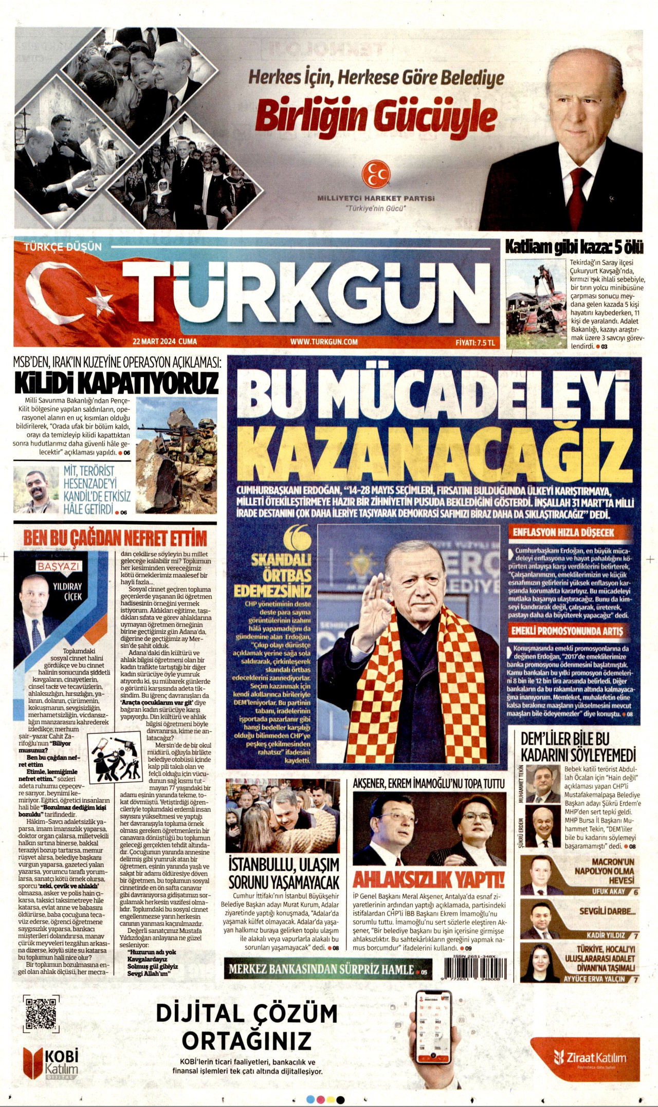 TÜRKGÜN gazetesinin 22 Mart 2024 tarihli birinci sayfası