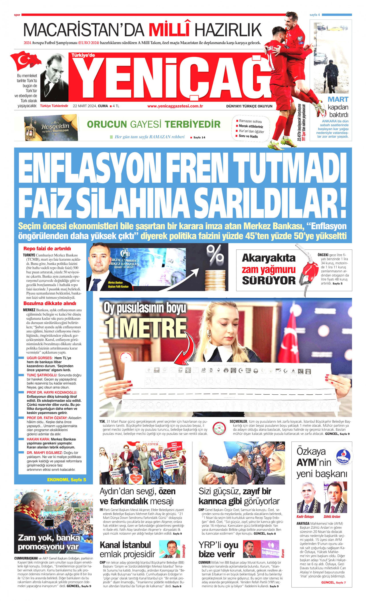 YENİÇAĞ gazetesinin 22 Mart 2024 tarihli birinci sayfası