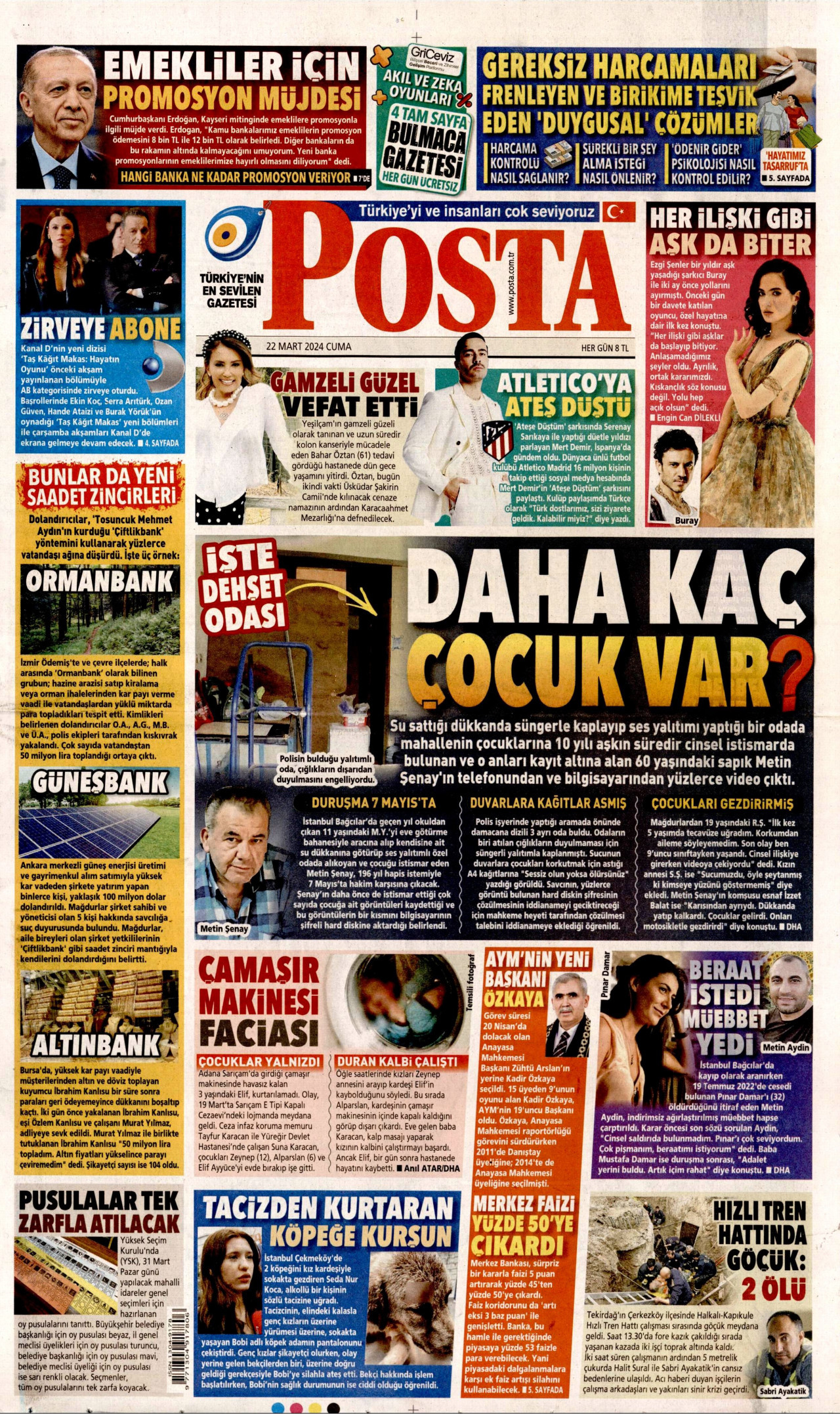 POSTA gazetesinin 22 Mart 2024 tarihli birinci sayfası