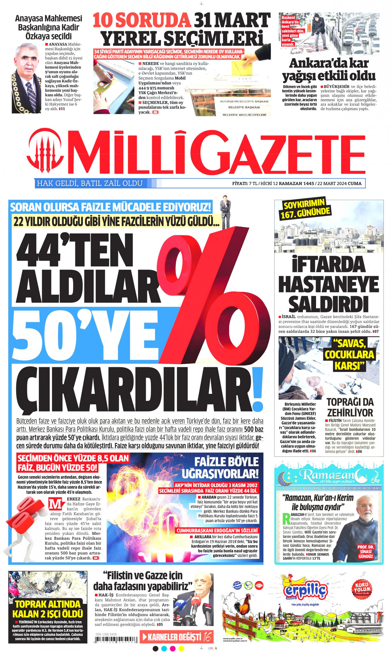 MİLLİ GAZETE gazetesinin 22 Mart 2024 tarihli birinci sayfası