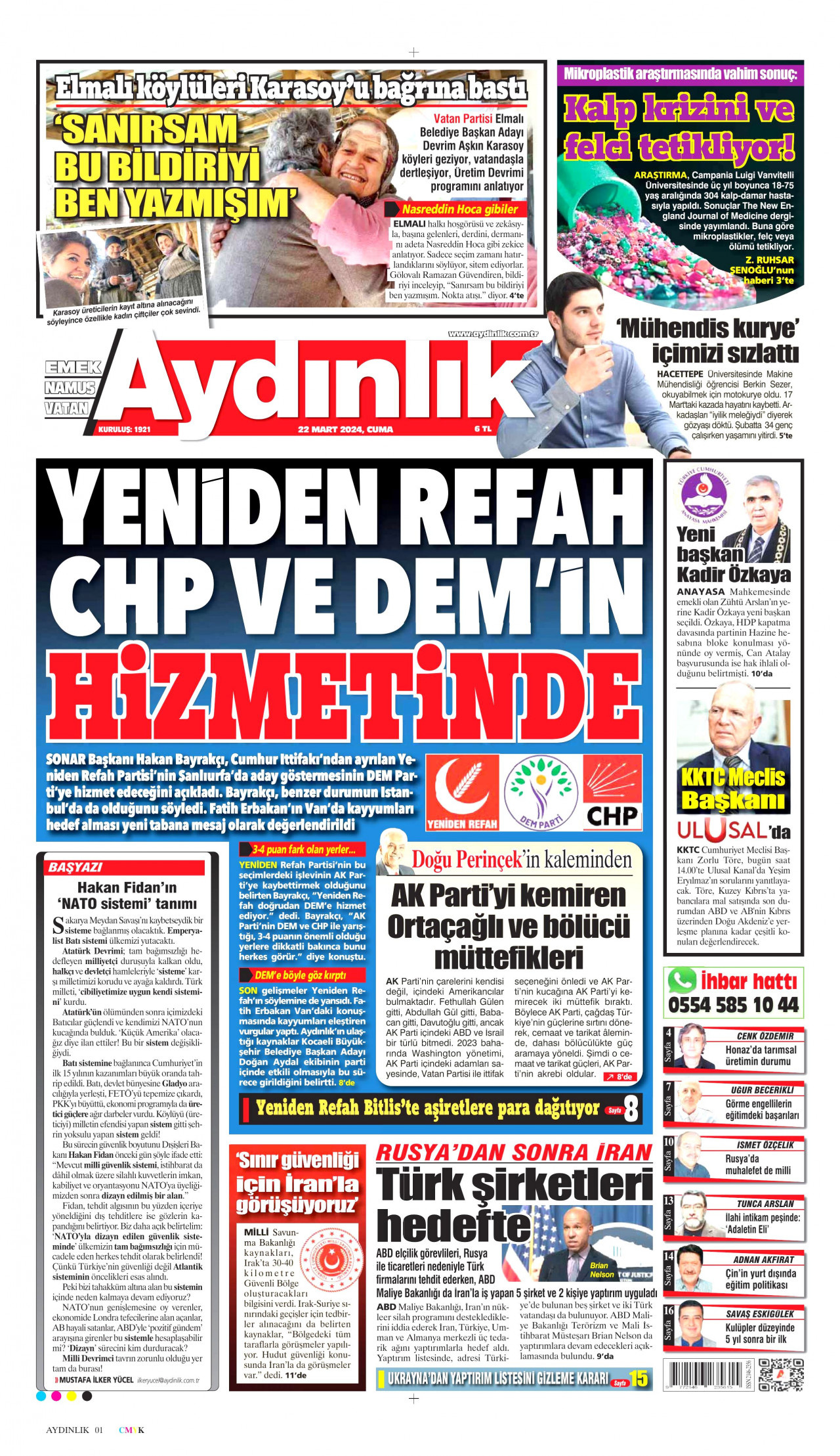 AYDINLIK GAZETESİ gazetesinin 22 Mart 2024 tarihli birinci sayfası