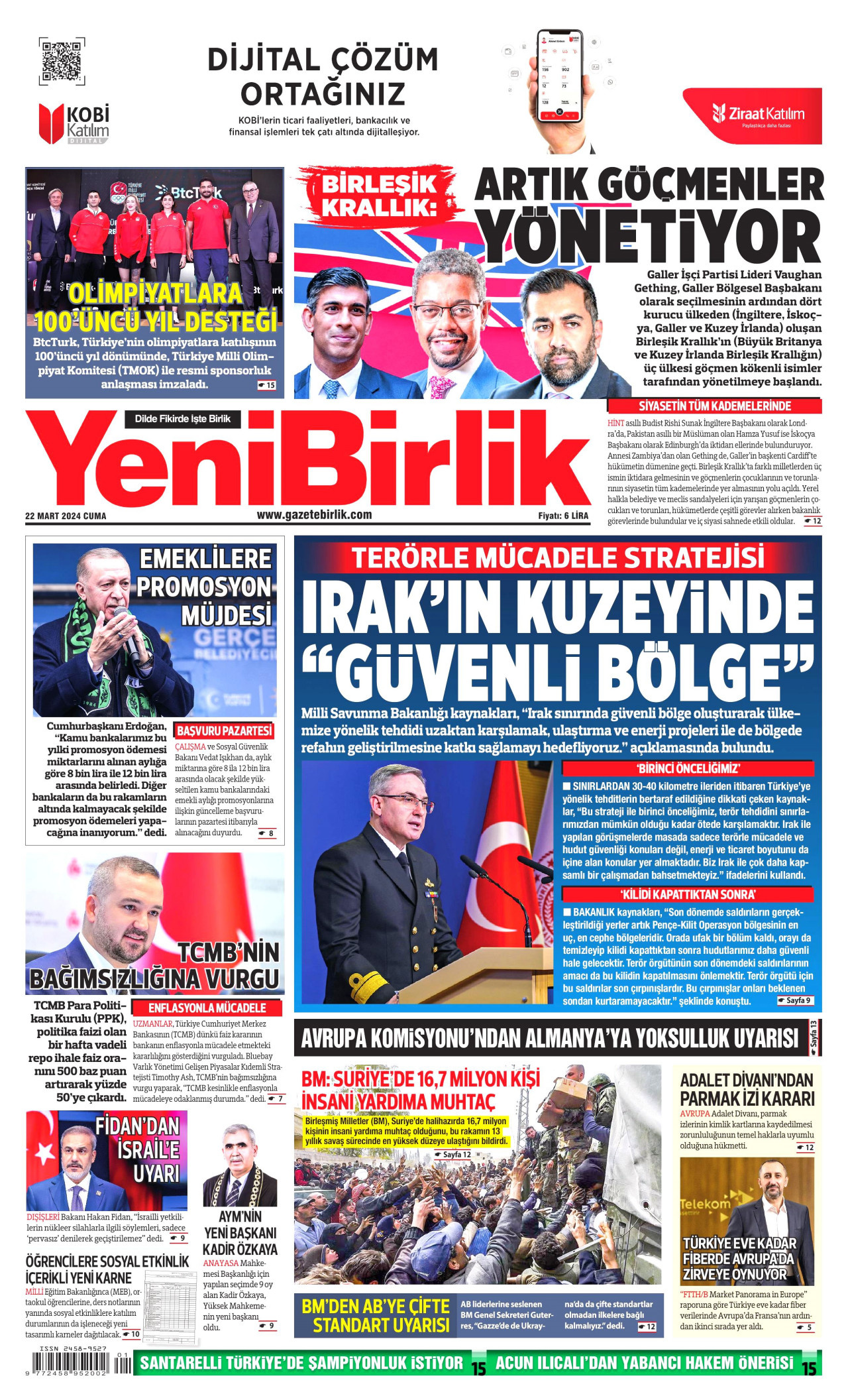 YENİBİRLİK gazetesinin 22 Mart 2024 tarihli birinci sayfası