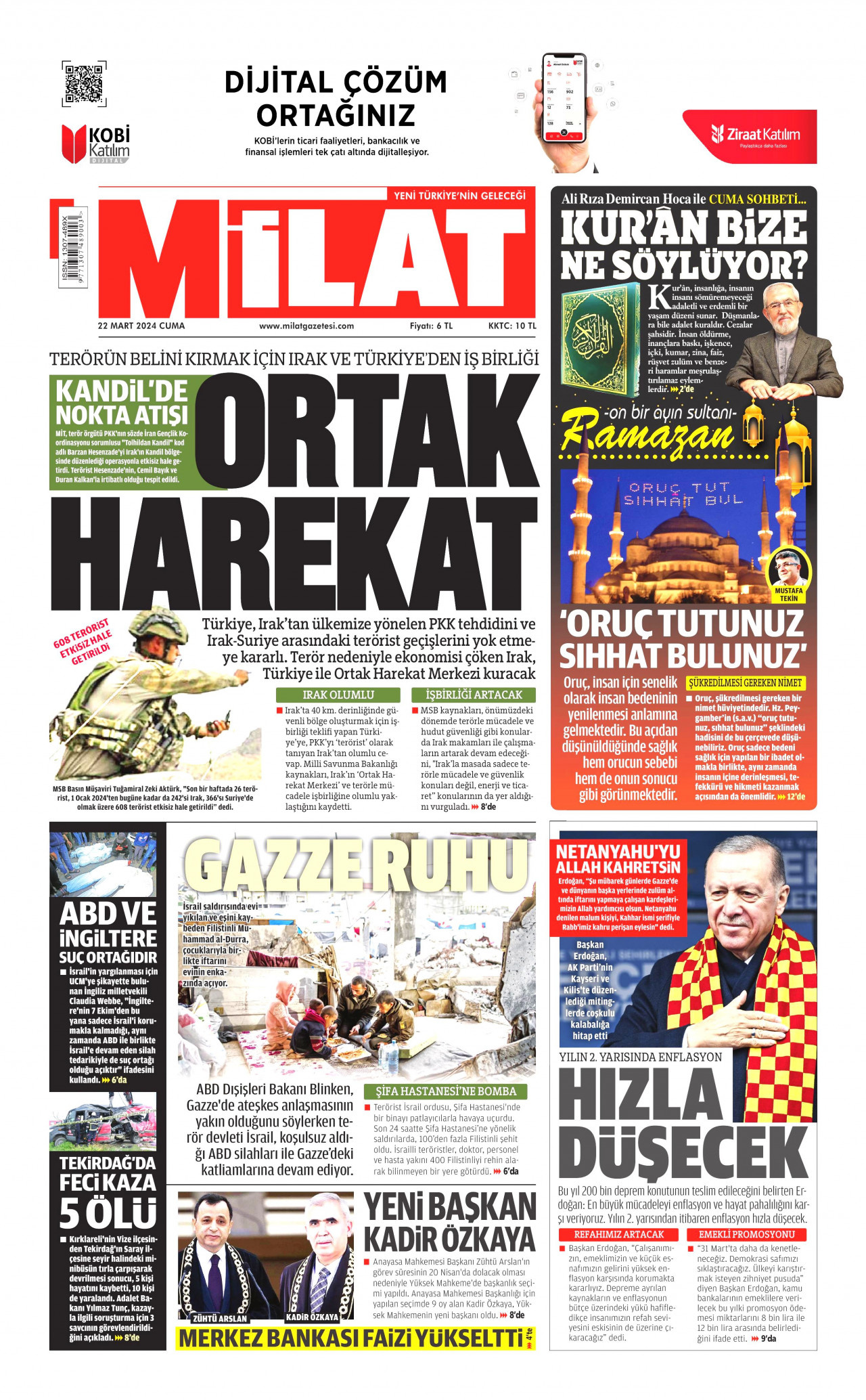 MİLAT gazetesinin 22 Mart 2024 tarihli birinci sayfası