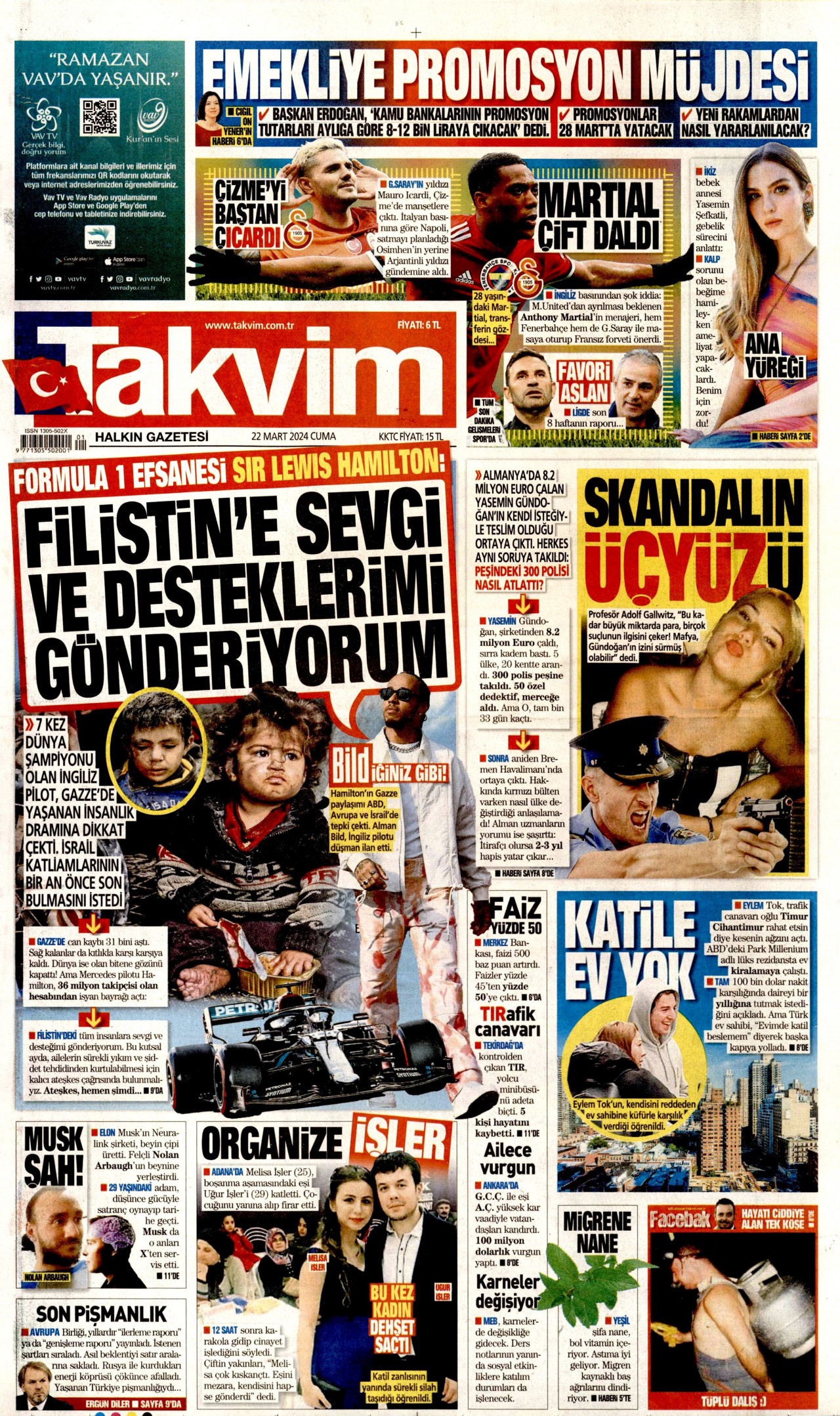 TAKVİM gazetesinin 22 Mart 2024 tarihli birinci sayfası