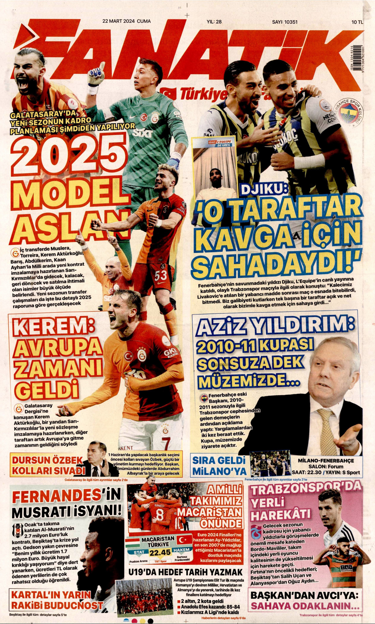 FANATİK gazetesinin 22 Mart 2024 tarihli birinci sayfası