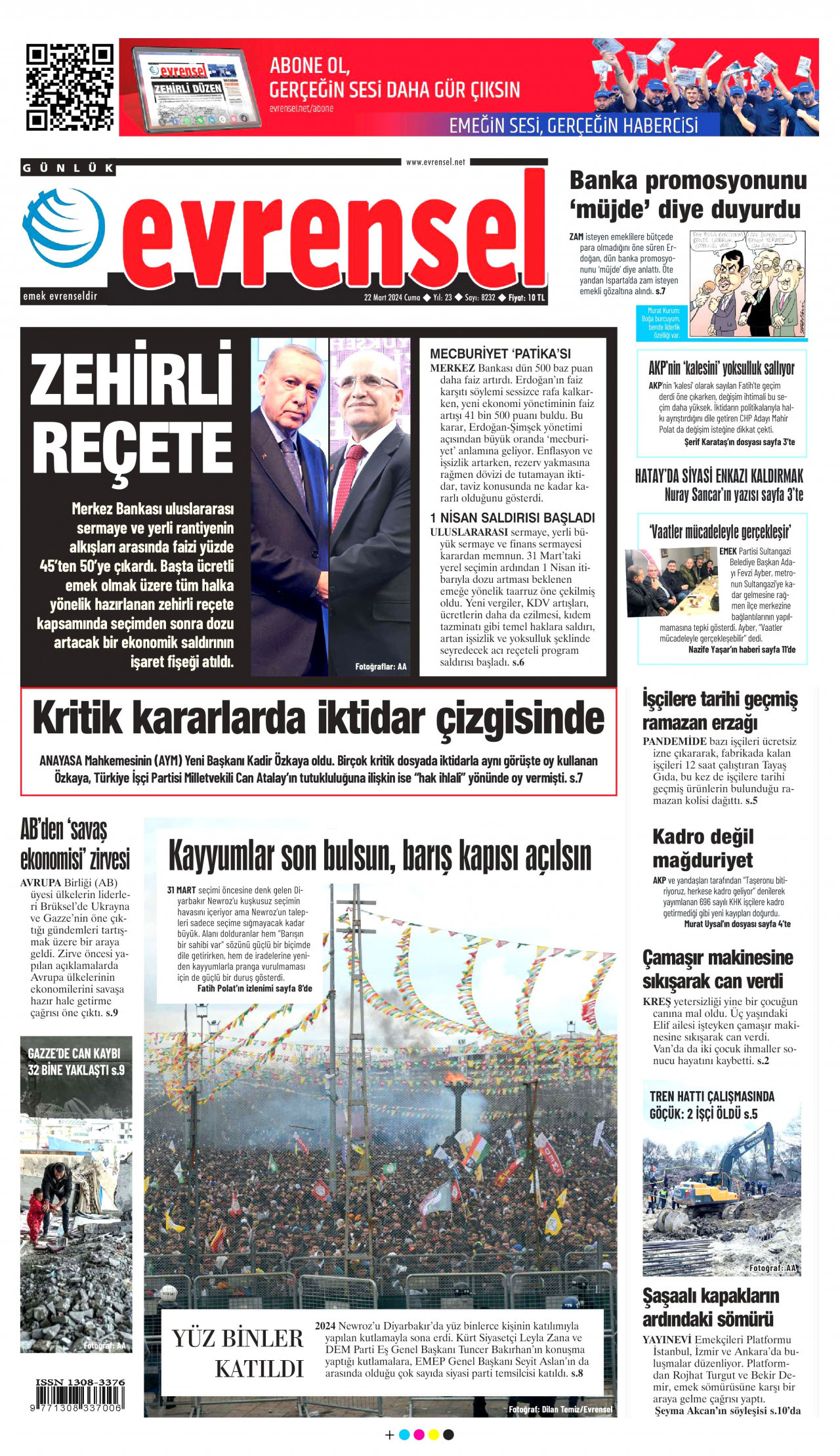 EVRENSEL gazetesinin 22 Mart 2024 tarihli birinci sayfası