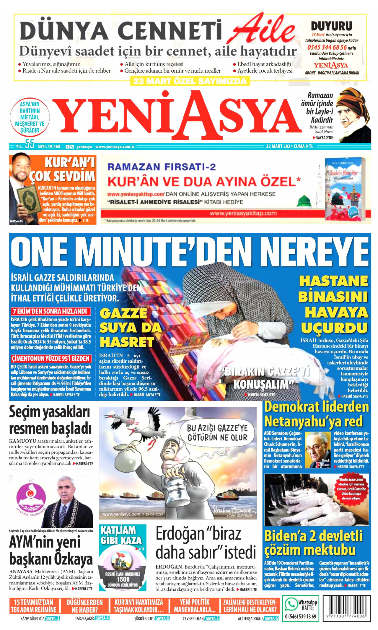 YENİ ASYA gazetesinin 22 Mart 2024 tarihli birinci sayfası