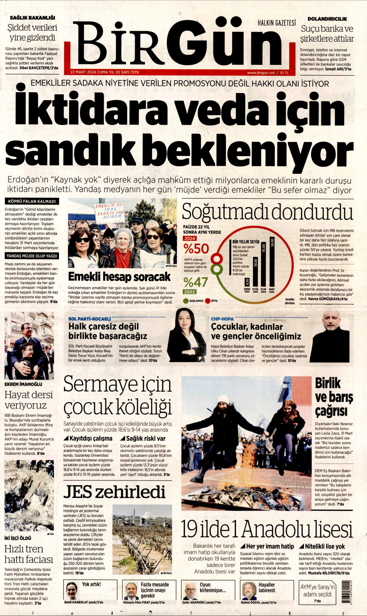 BİRGÜN gazetesinin 22 Mart 2024 tarihli birinci sayfası