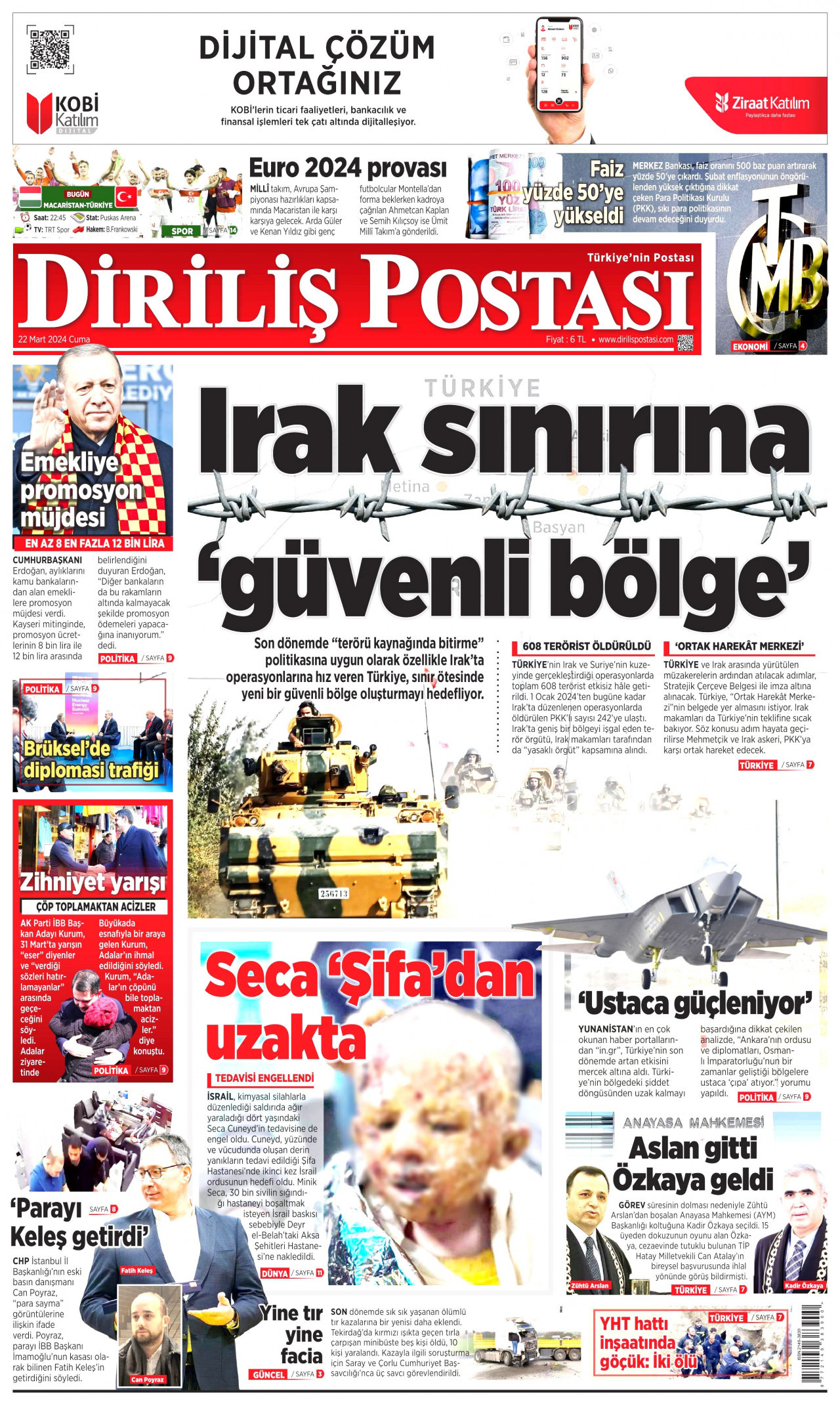 DİRİLİŞ POSTASI gazetesinin 22 Mart 2024 tarihli birinci sayfası