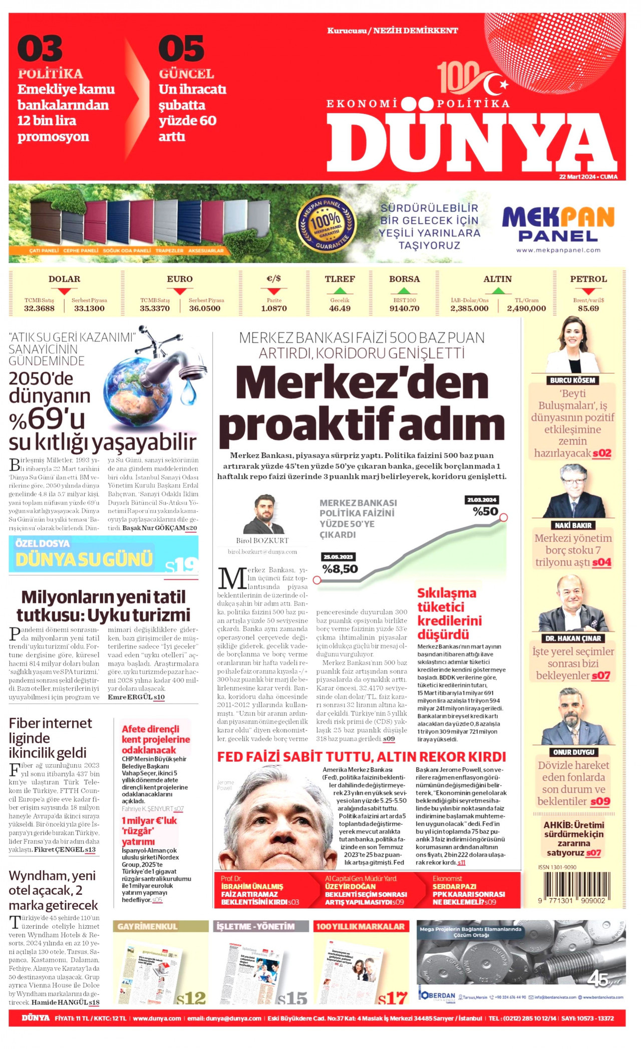 DÜNYA gazetesinin 22 Mart 2024 tarihli birinci sayfası