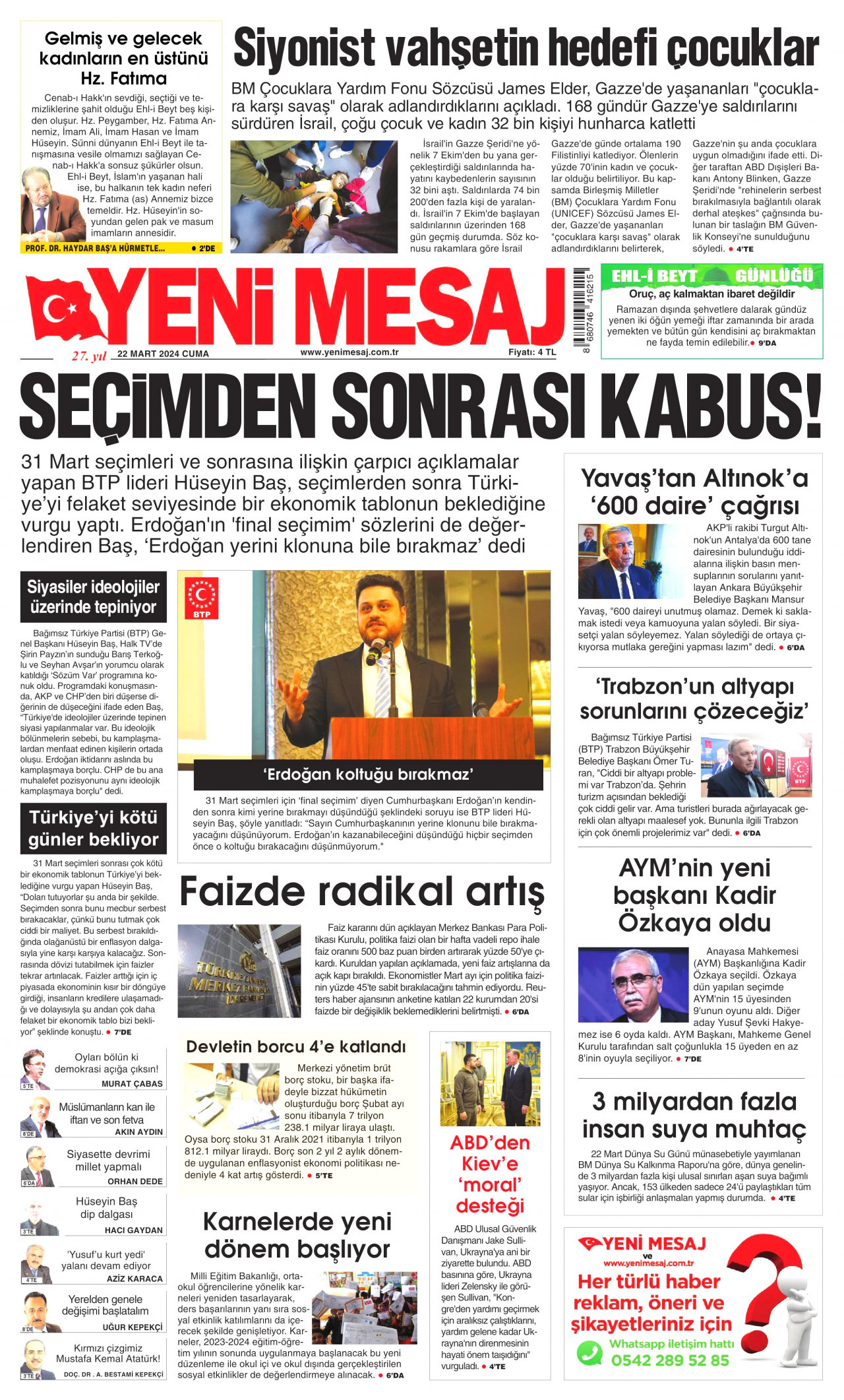 YENİ MESAJ gazetesinin 22 Mart 2024 tarihli birinci sayfası