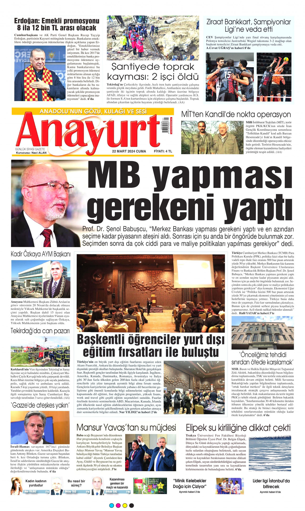 ANAYURT gazetesinin 22 Mart 2024 tarihli birinci sayfası