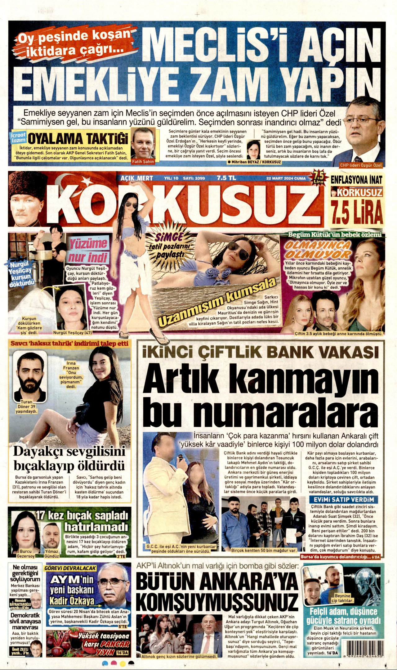 KORKUSUZ gazetesinin 22 Mart 2024 tarihli birinci sayfası