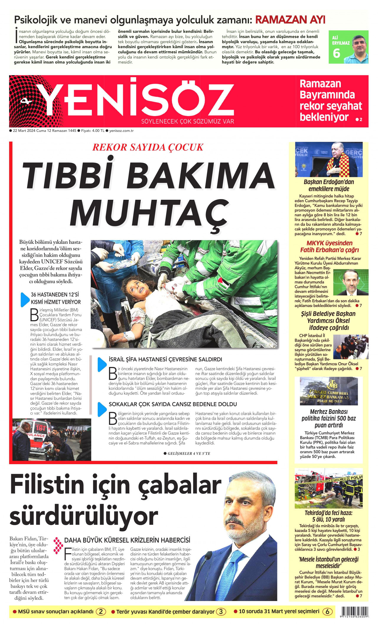 YENİ SÖZ GAZETESİ gazetesinin 22 Mart 2024 tarihli birinci sayfası