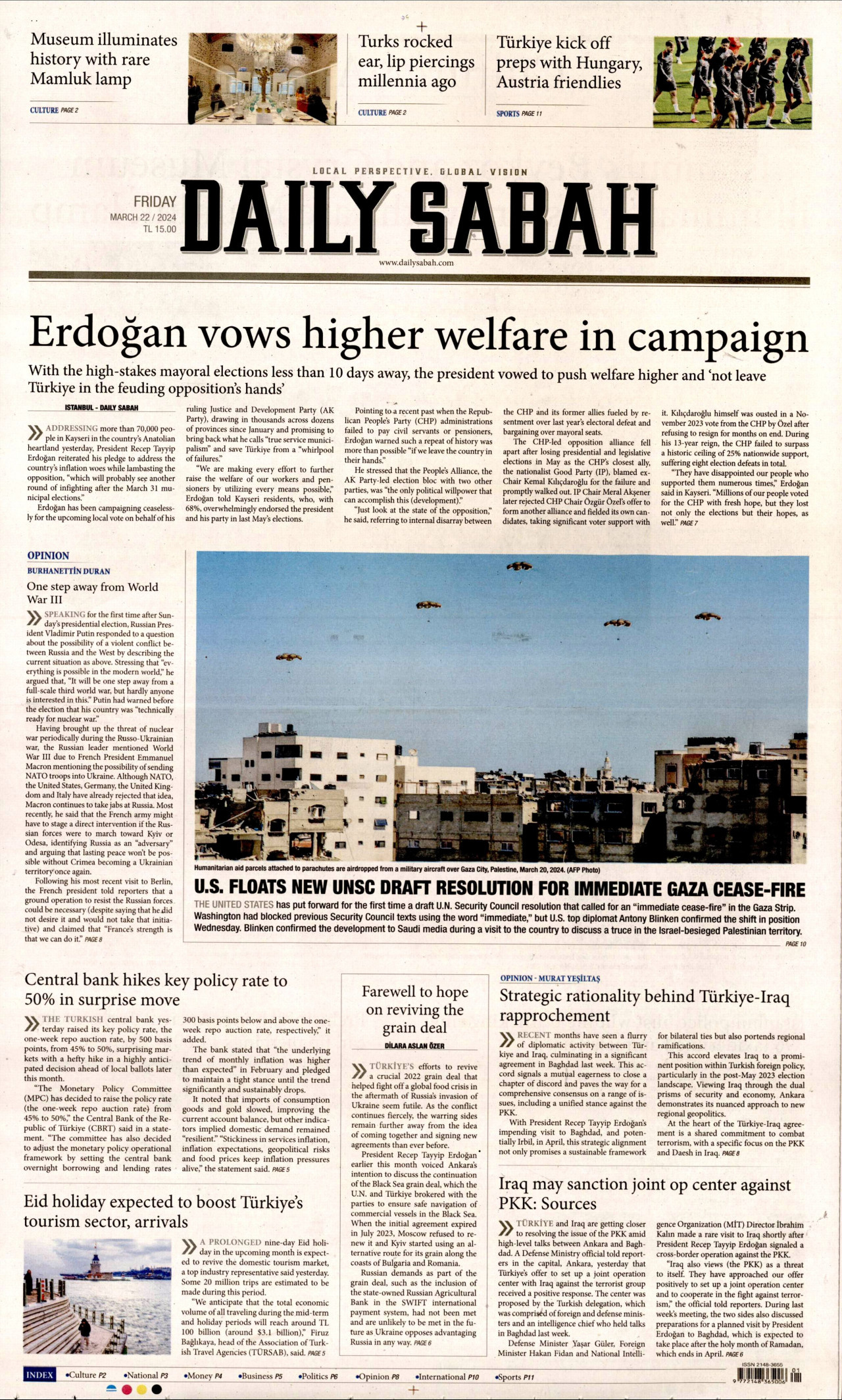 DAİLY SABAH gazetesinin 22 Mart 2024 tarihli birinci sayfası
