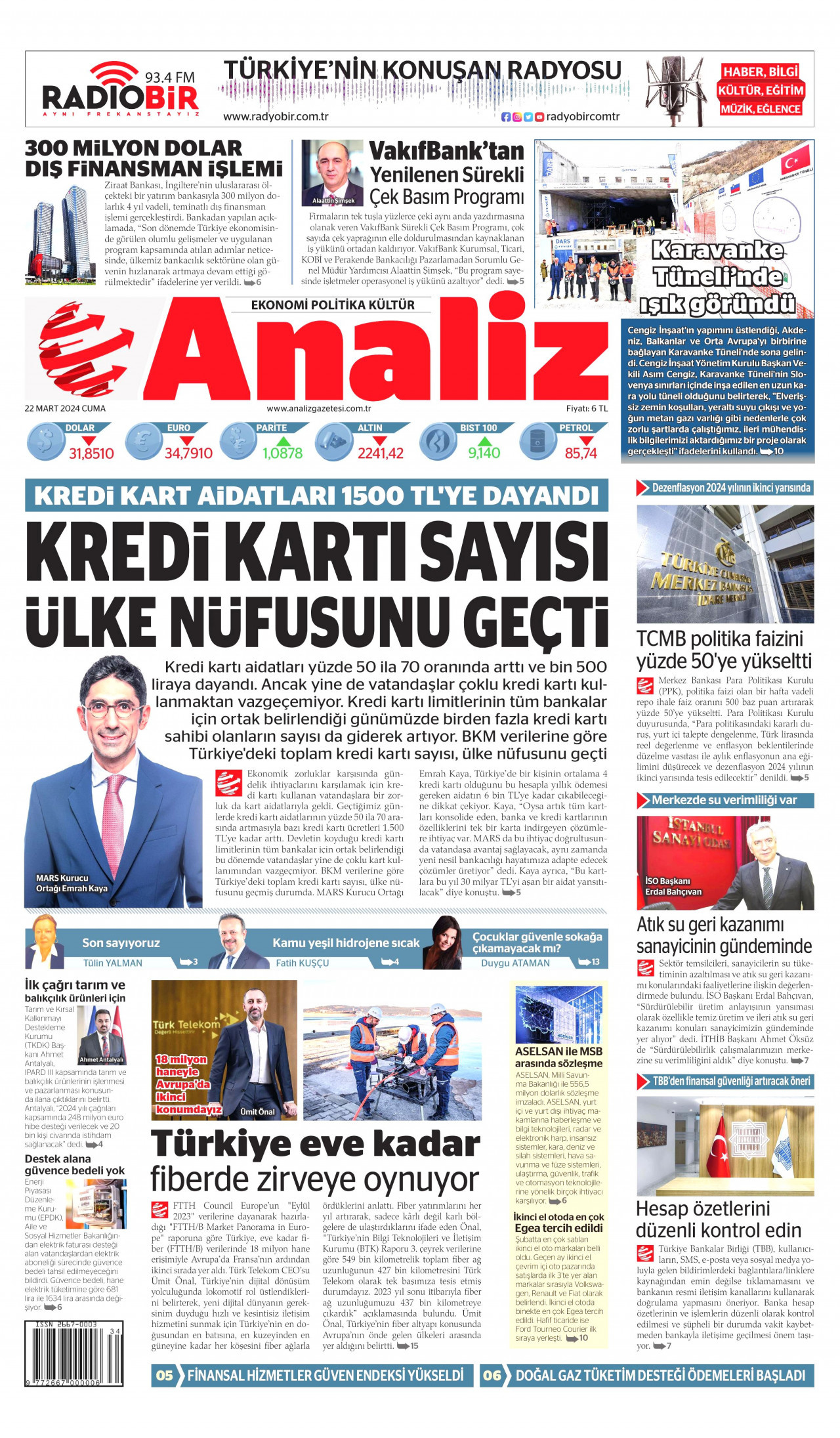 ANALİZ gazetesinin 22 Mart 2024 tarihli birinci sayfası