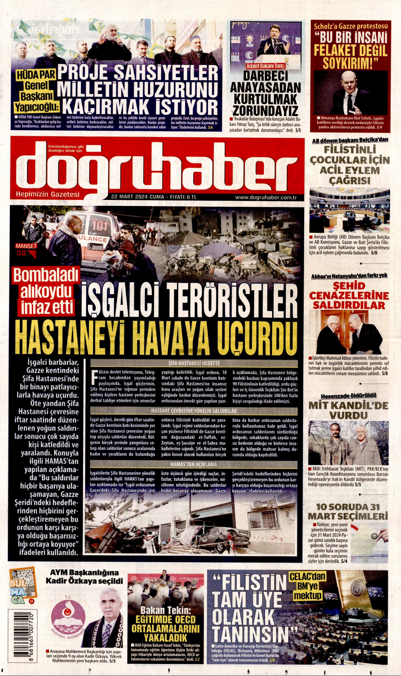 DOĞRU HABER gazetesinin 22 Mart 2024 tarihli birinci sayfası