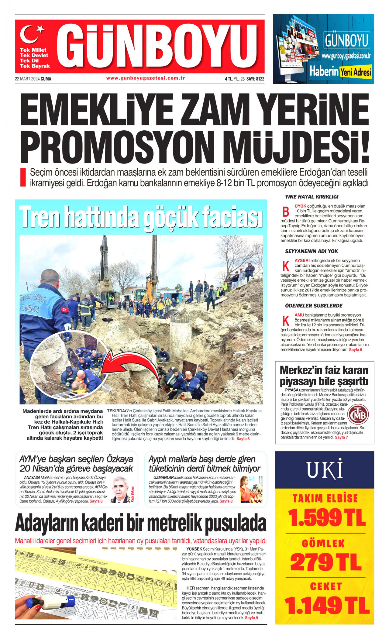 GÜNBOYU gazetesinin 22 Mart 2024 tarihli birinci sayfası