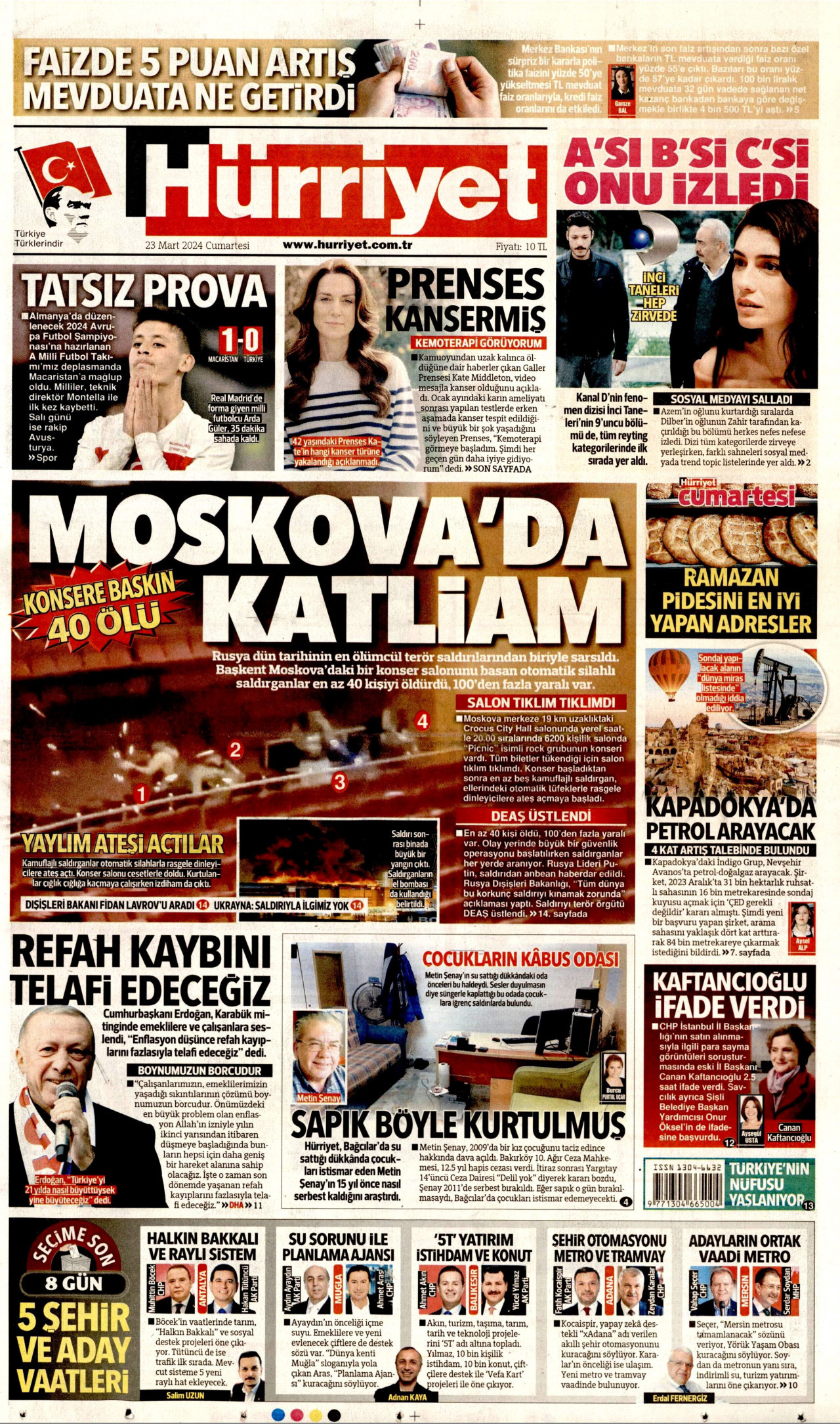 HÜRRİYET gazetesinin 23 Mart 2024 tarihli birinci sayfası