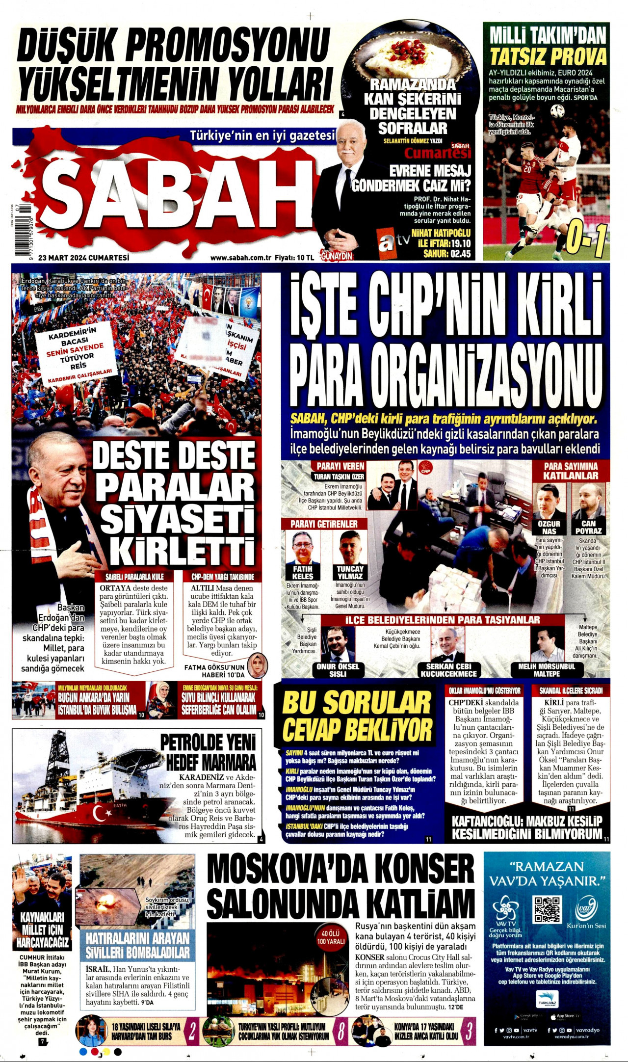SABAH gazetesinin 23 Mart 2024 tarihli birinci sayfası