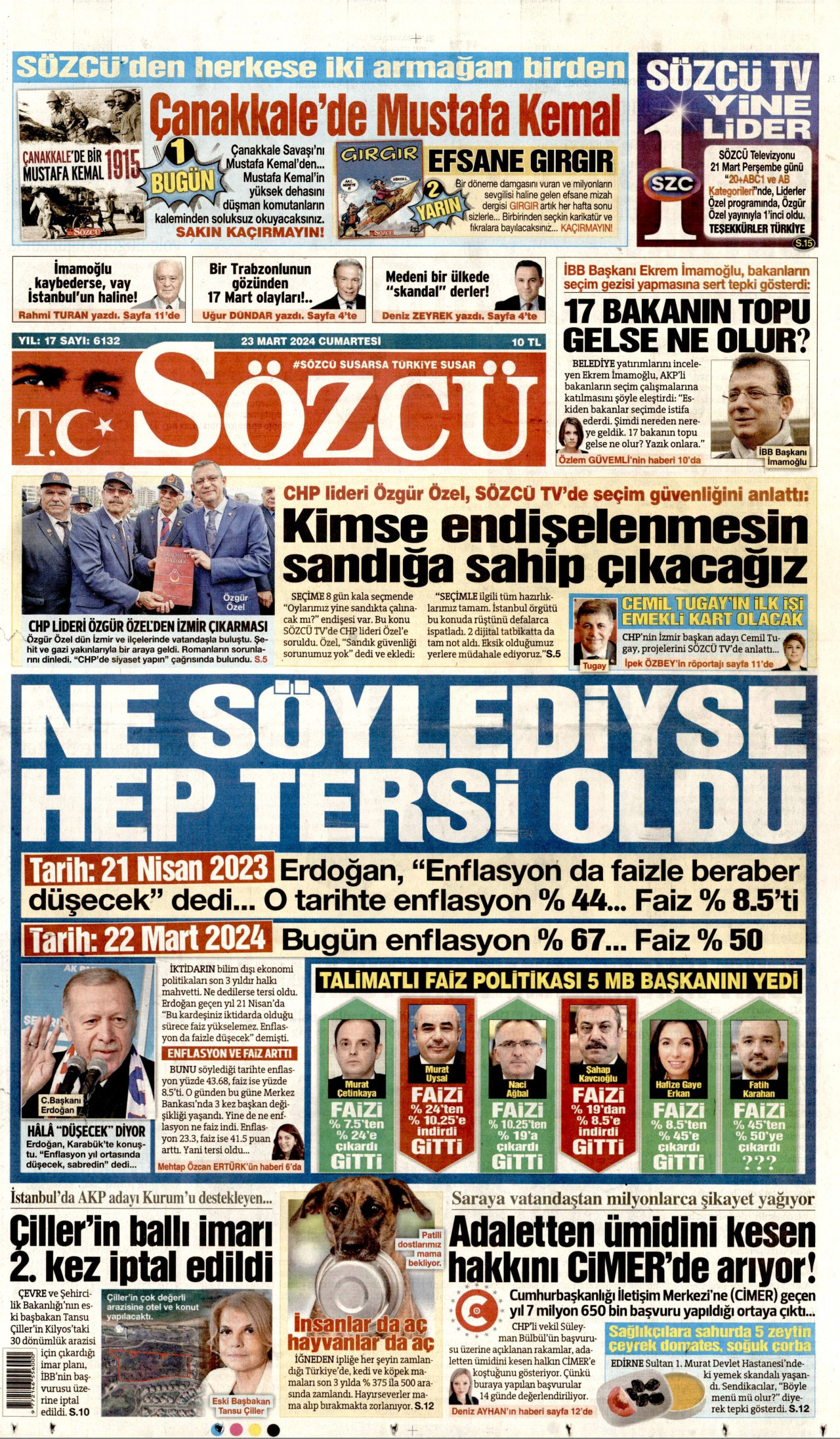 SÖZCÜ gazetesinin 23 Mart 2024 tarihli birinci sayfası