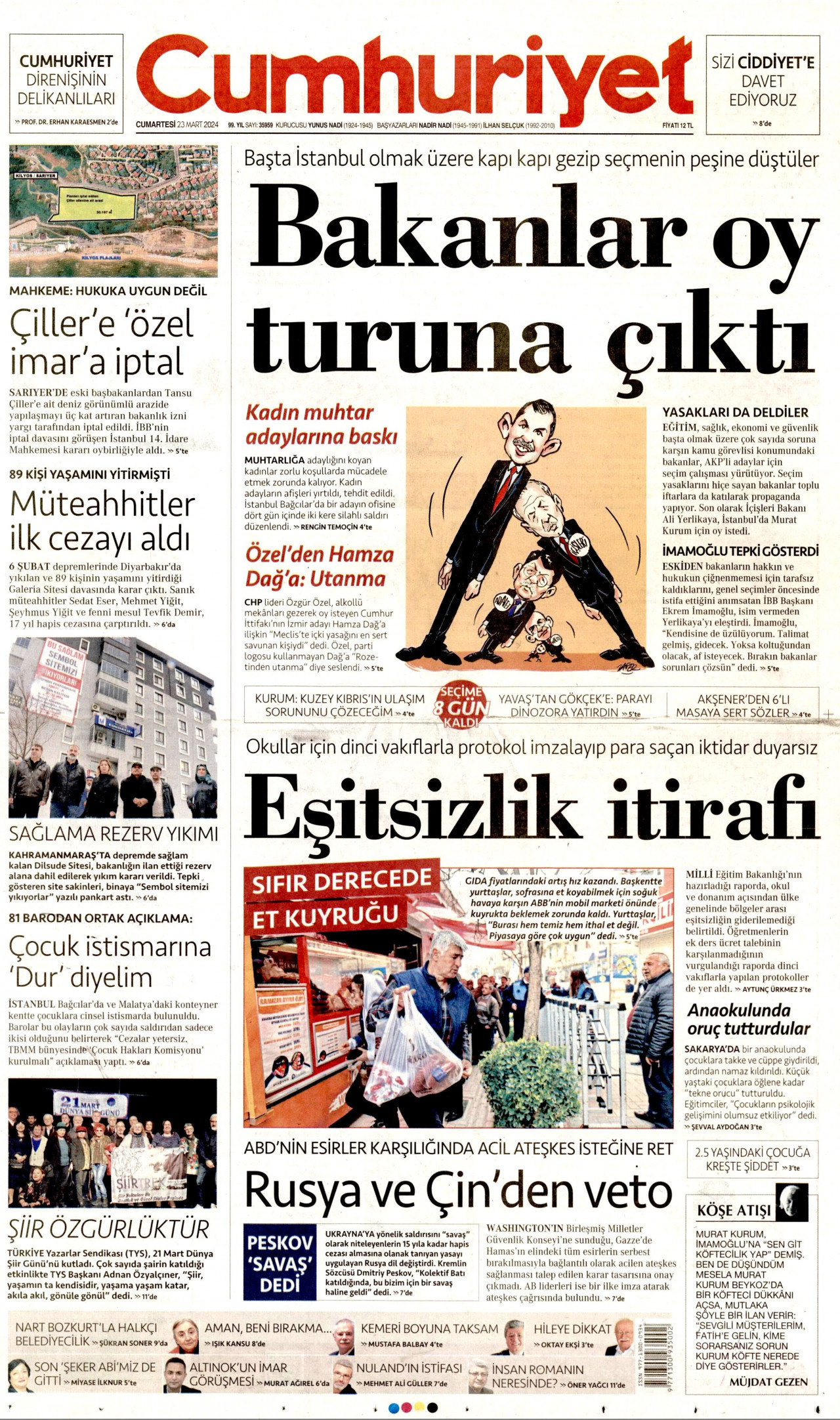 CUMHURİYET gazetesinin 23 Mart 2024 tarihli birinci sayfası