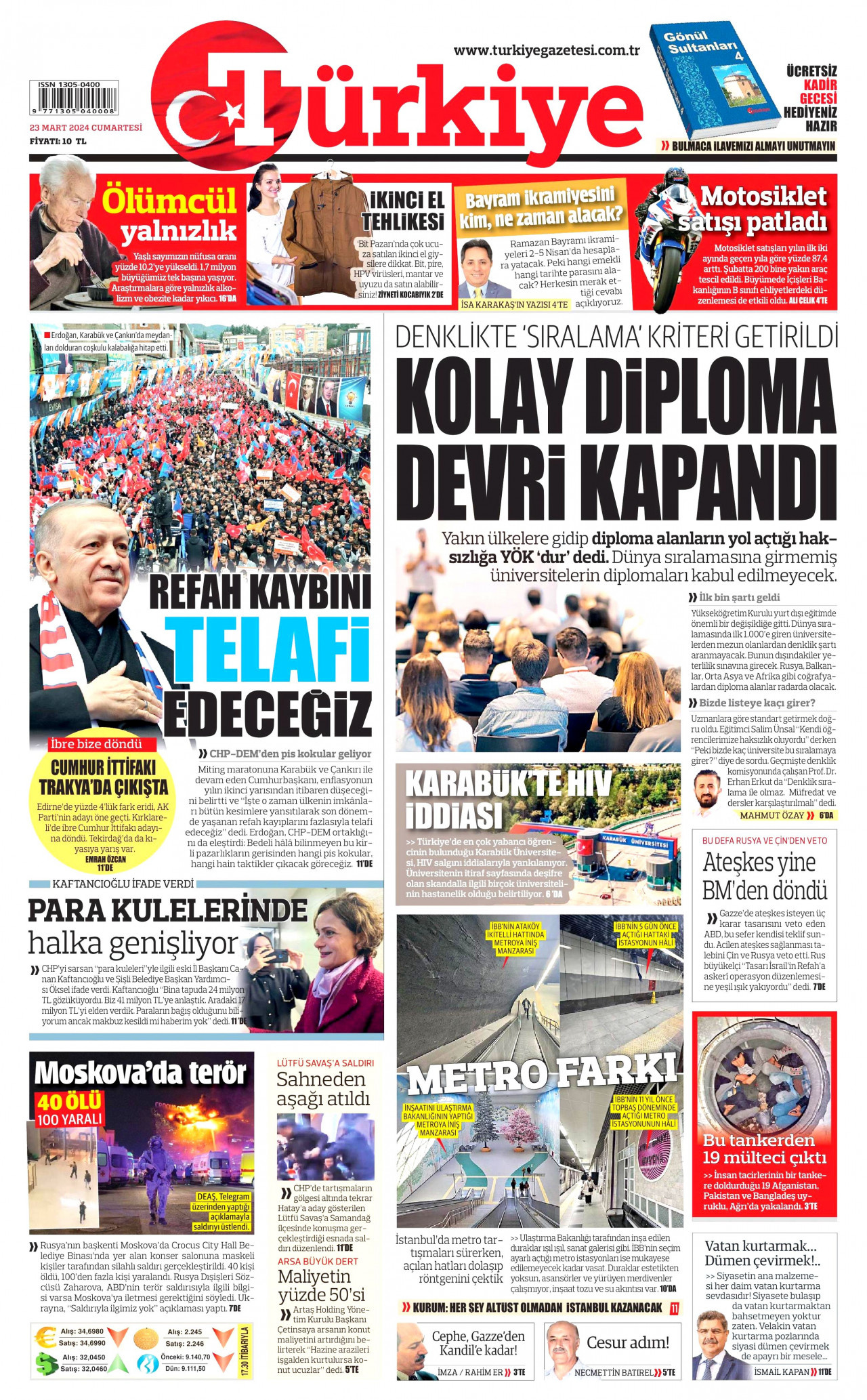 TÜRKİYE GAZETESİ gazetesinin 23 Mart 2024 tarihli birinci sayfası