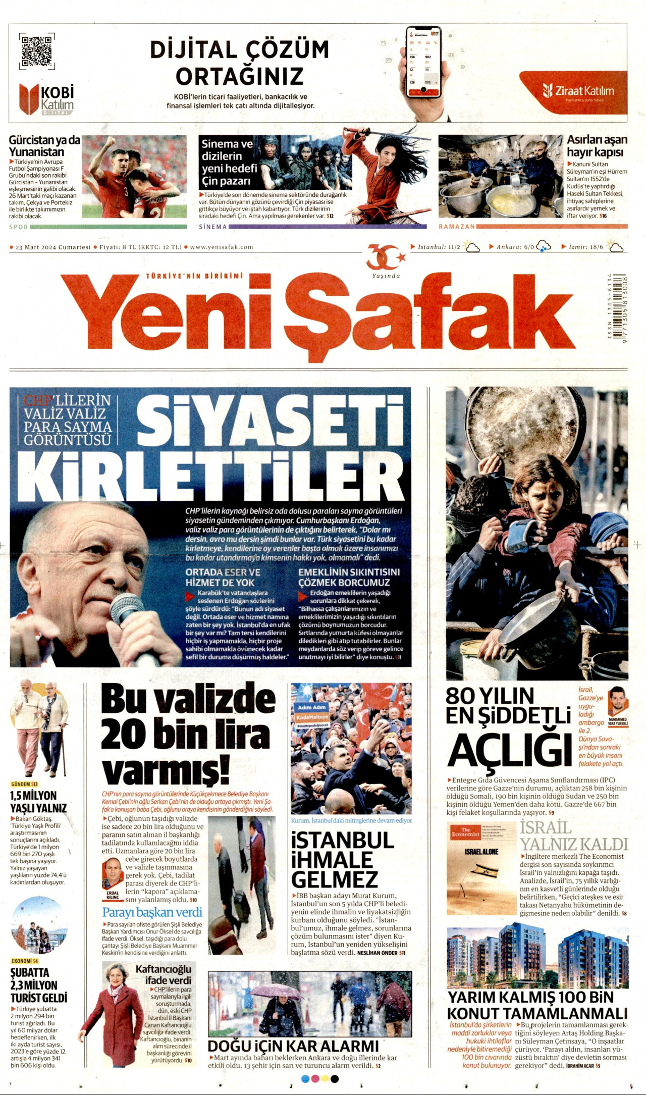 YENİ ŞAFAK gazetesinin 23 Mart 2024 tarihli birinci sayfası
