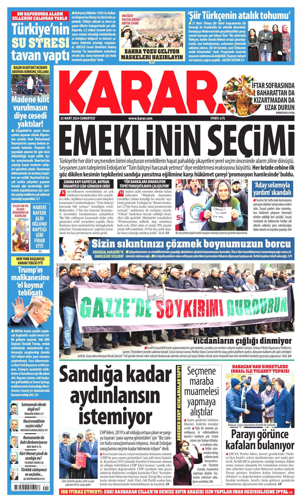 KARAR gazetesinin 23 Mart 2024 tarihli birinci sayfası