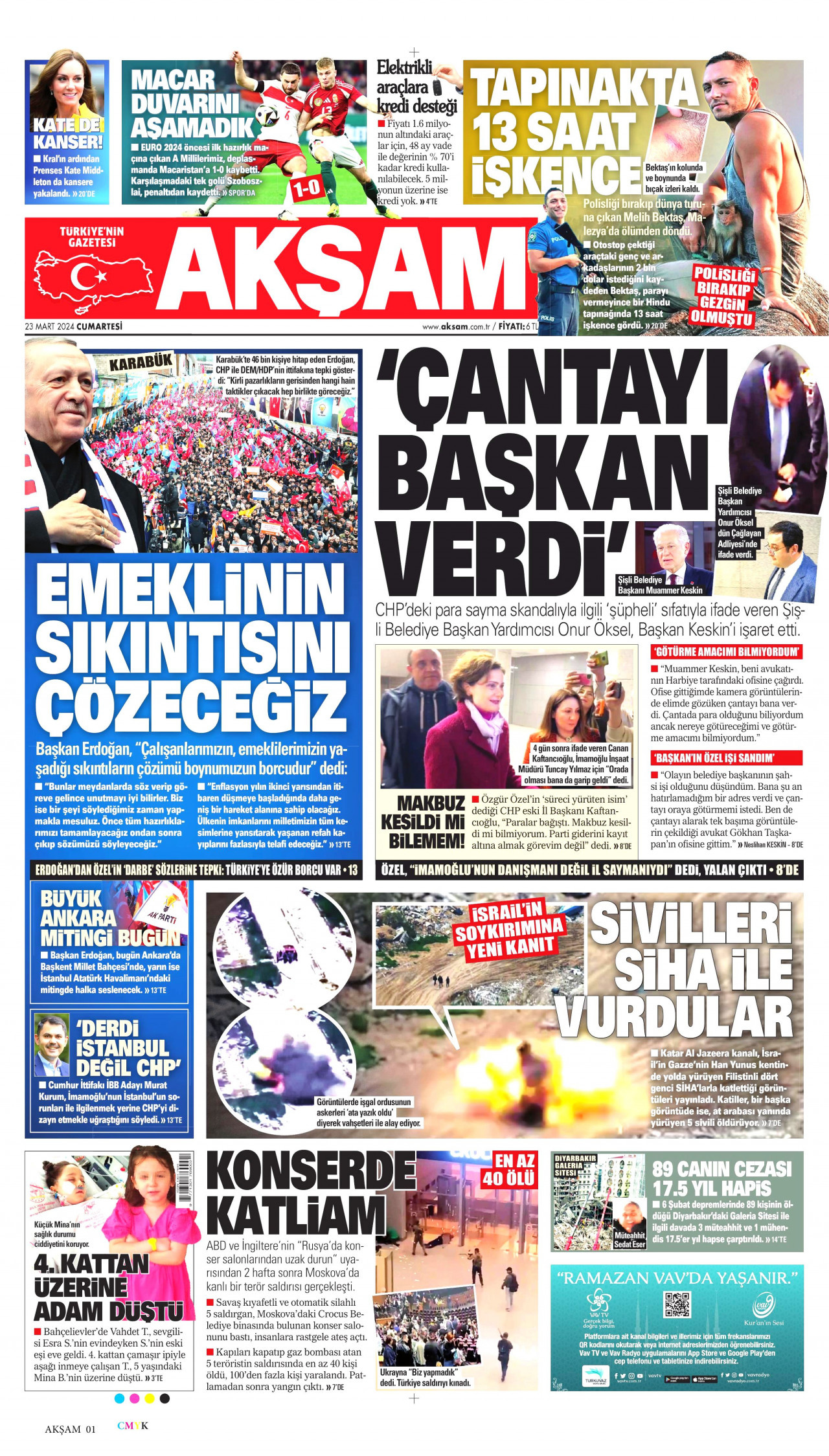AKŞAM gazetesinin 23 Mart 2024 tarihli birinci sayfası