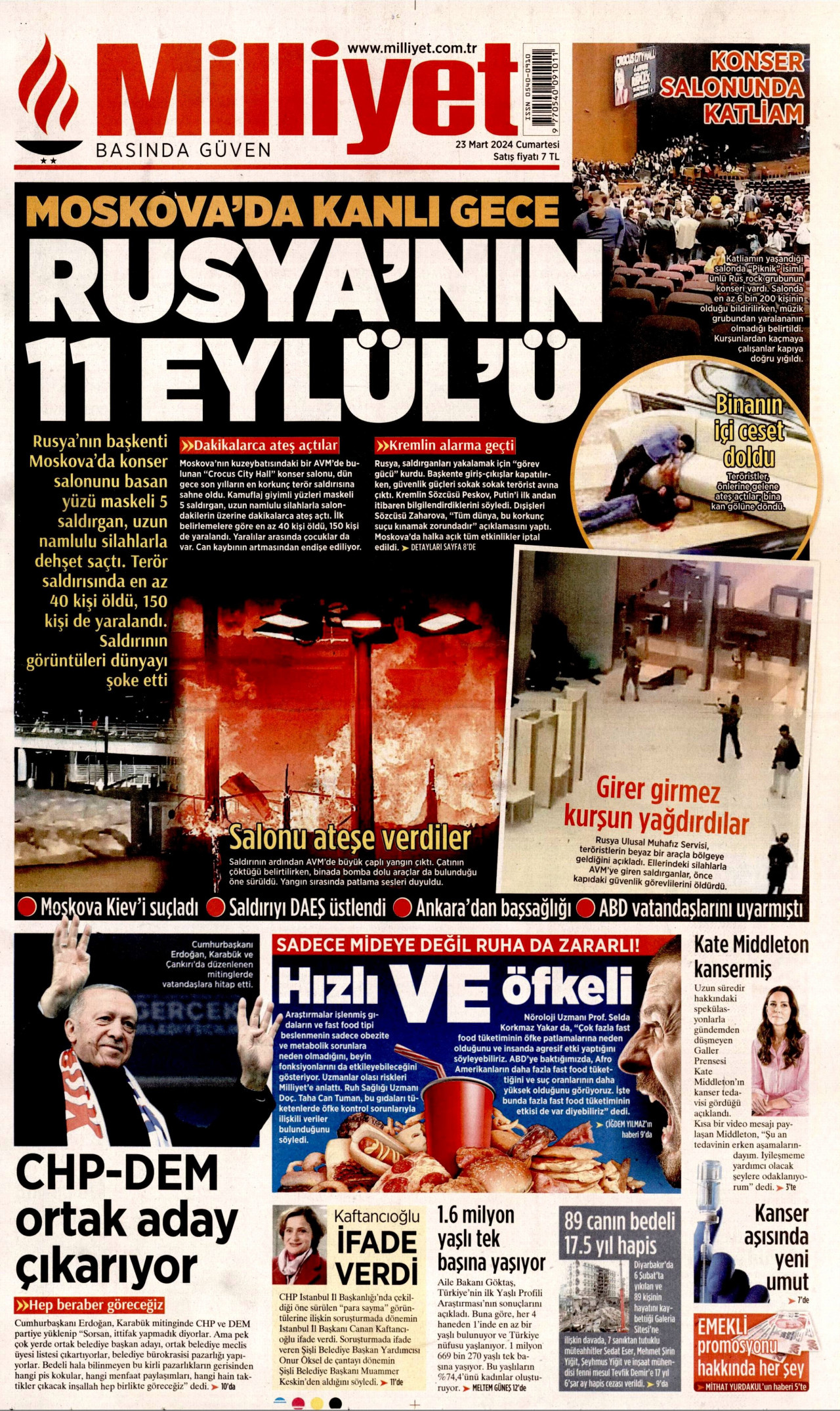 MİLLİYET gazetesinin 23 Mart 2024 tarihli birinci sayfası