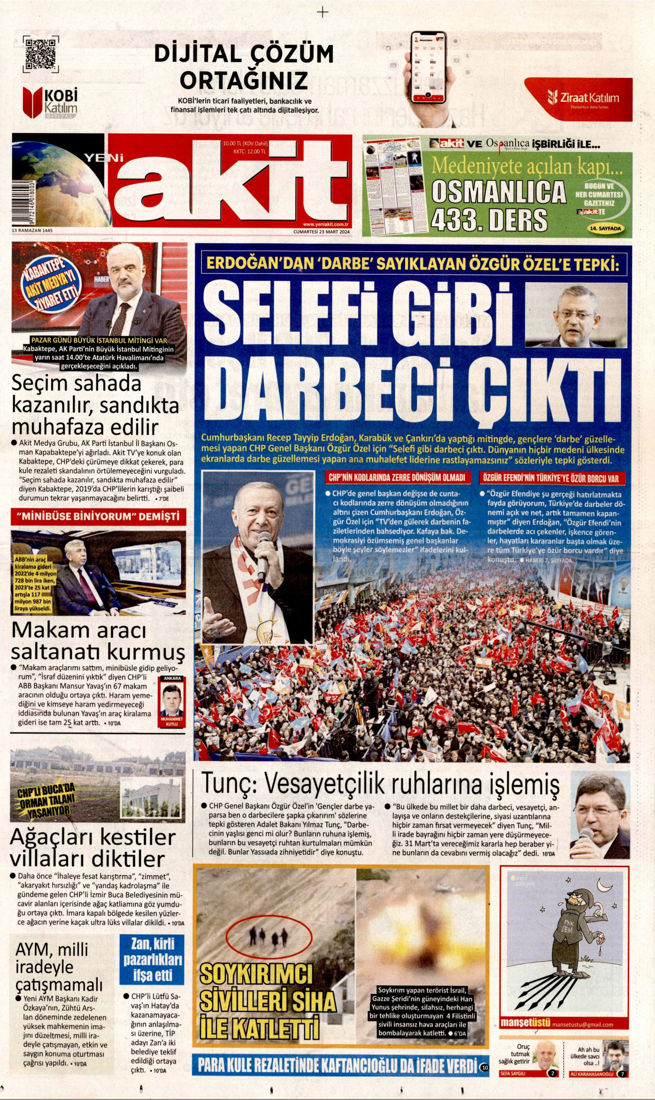 YENİ AKİT gazetesinin 23 Mart 2024 tarihli birinci sayfası