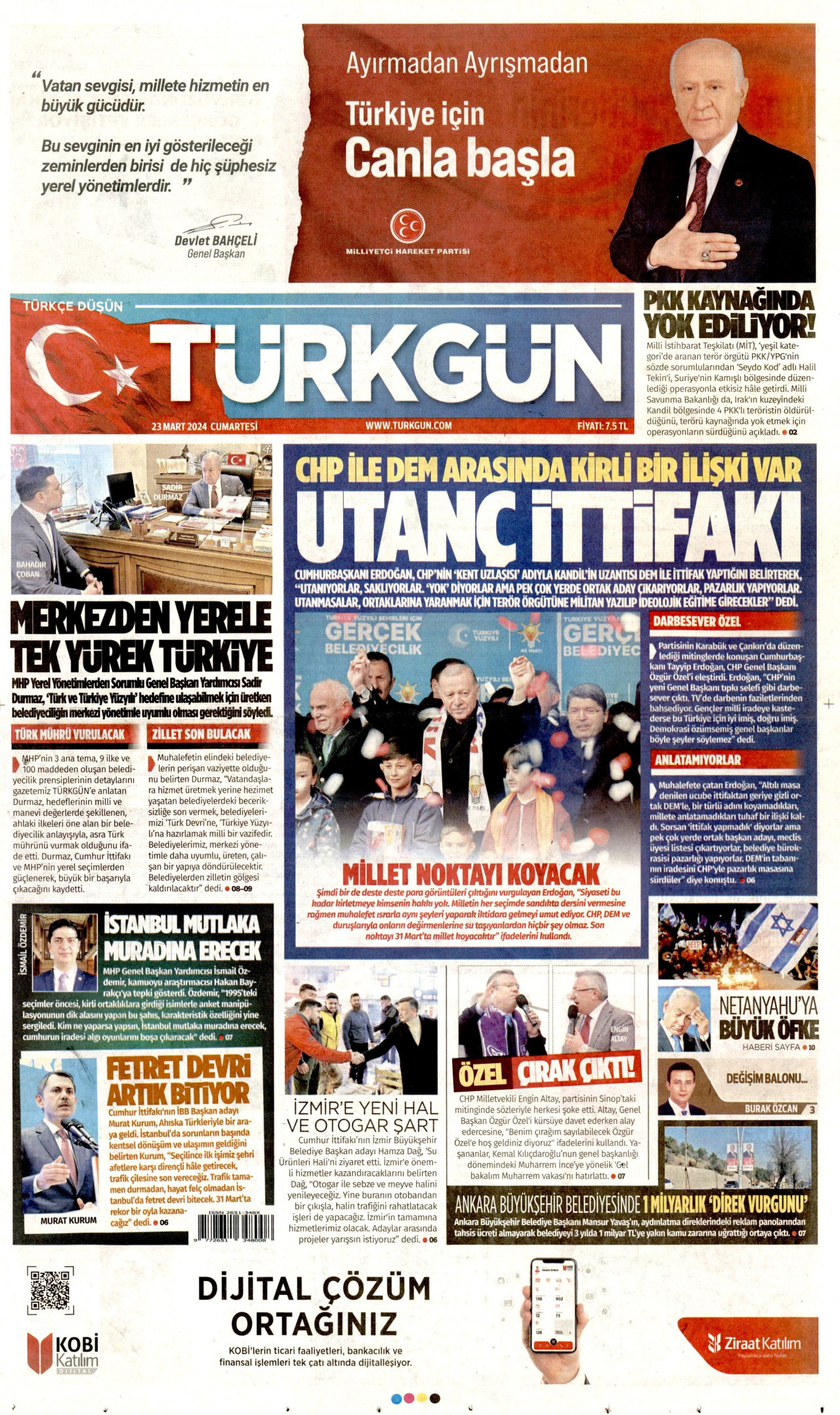 TÜRKGÜN gazetesinin 23 Mart 2024 tarihli birinci sayfası