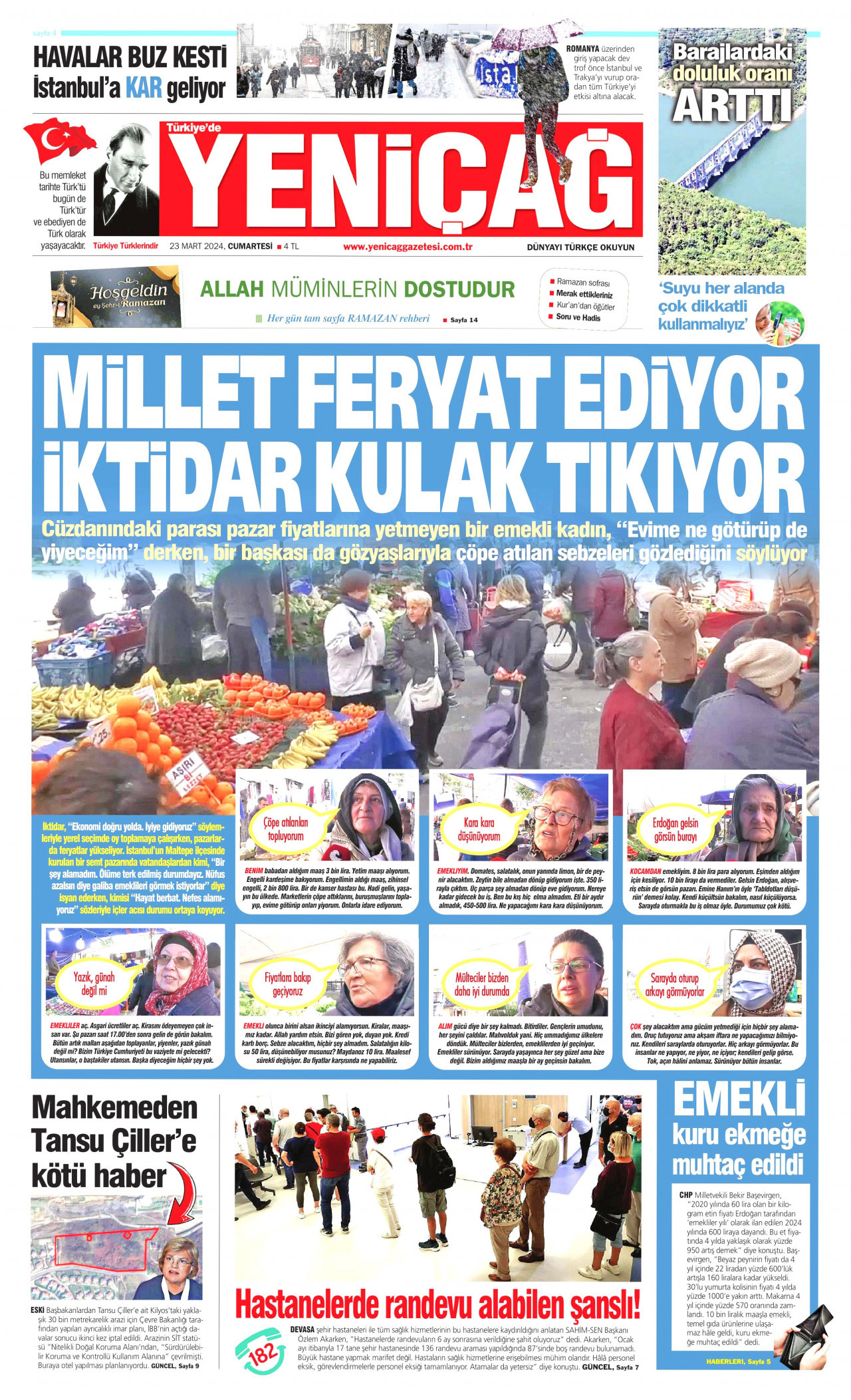 YENİÇAĞ gazetesinin 23 Mart 2024 tarihli birinci sayfası