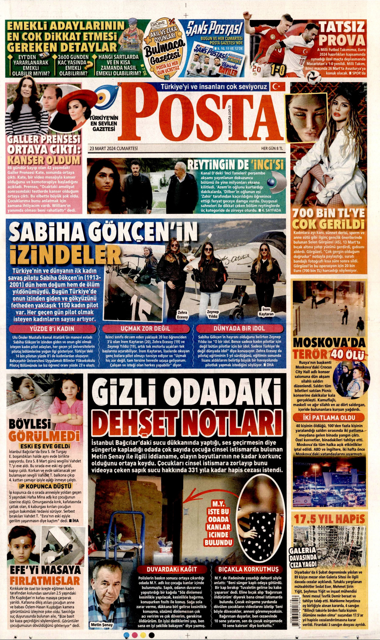 POSTA gazetesinin 23 Mart 2024 tarihli birinci sayfası