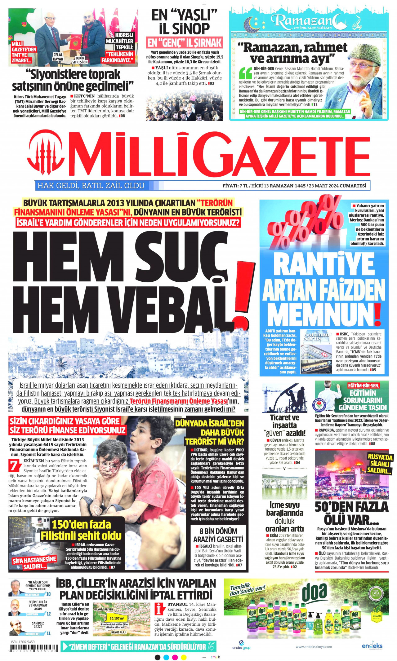 MİLLİ GAZETE gazetesinin 23 Mart 2024 tarihli birinci sayfası