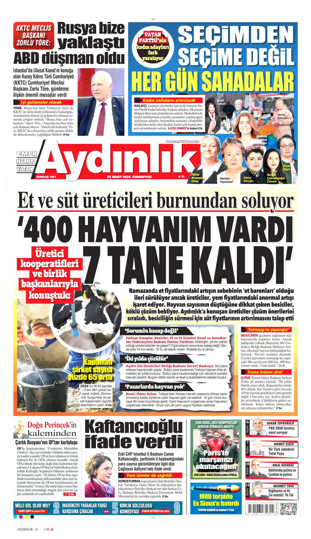 AYDINLIK GAZETESİ gazetesinin 23 Mart 2024 tarihli birinci sayfası