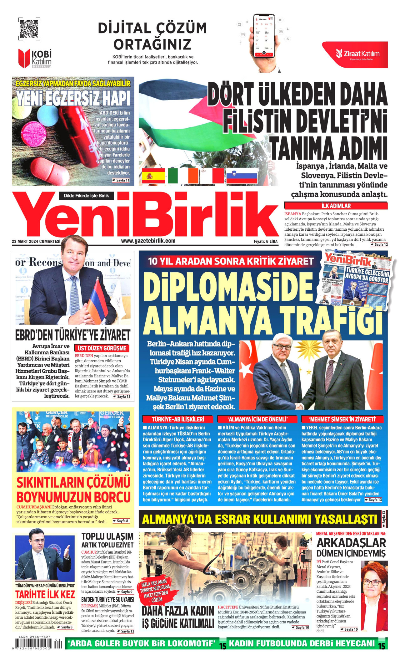 YENİBİRLİK gazetesinin 23 Mart 2024 tarihli birinci sayfası